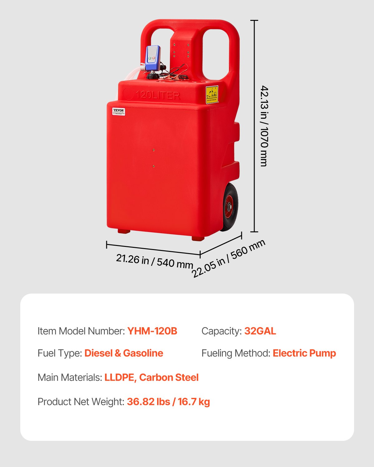 VEVOR Tanque de Combustible 540x465x1070 mm 121,13 L con Bomba de Transferencia de Combustible Eléctrica, Manguera de 1,2 m, Boquilla con Sensor de Parada Automática, para Gasolina y Diésel, Rojo