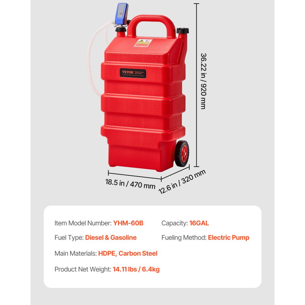 VEVOR Tanque de Combustible de 60,56 L con Bomba de Transferencia de Combustible Eléctrica de 2,5 GPM, Manguera de 1,2 m, Boquilla con Sensor de Parada Automática, para Gasolina y Diésel, Rojo
