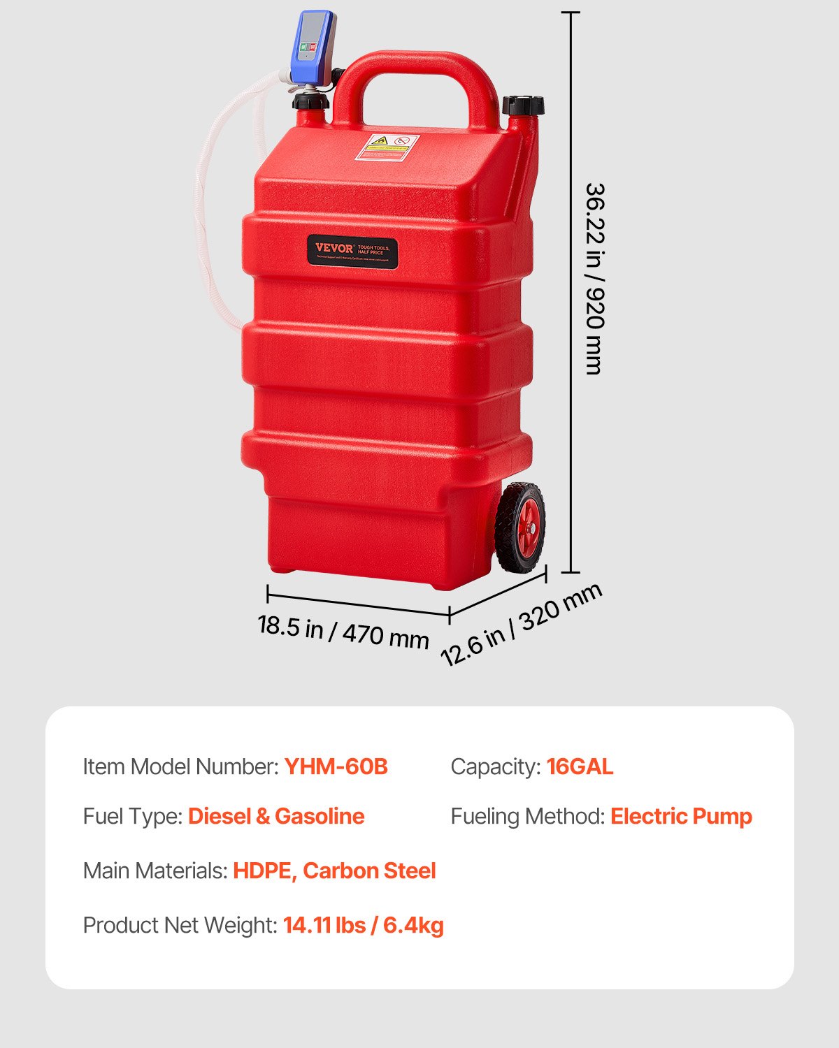VEVOR Tanque de Combustible de 60,56 L con Bomba de Transferencia de Combustible Eléctrica de 2,5 GPM, Manguera de 1,2 m, Boquilla con Sensor de Parada Automática, para Gasolina y Diésel, Rojo