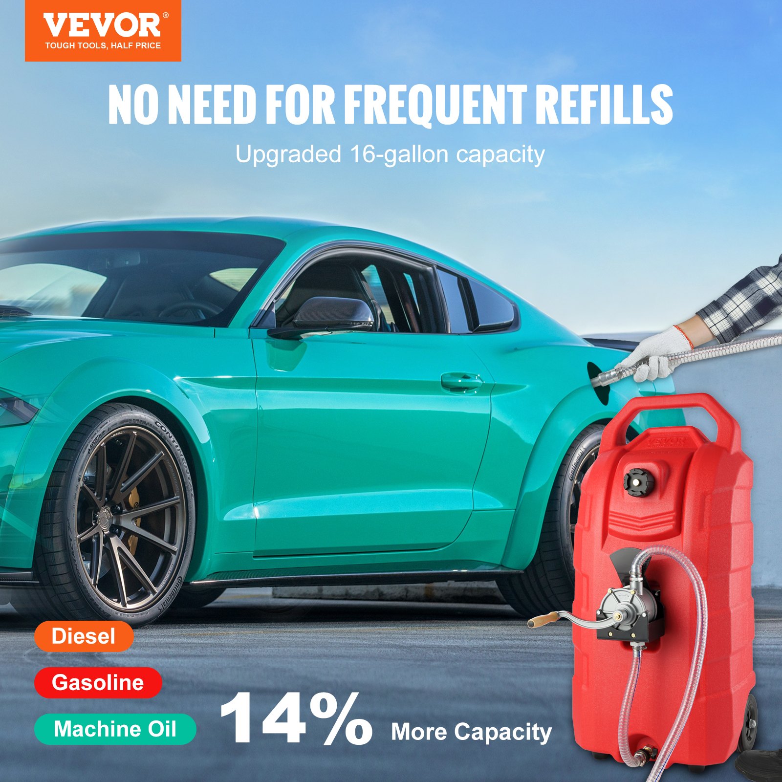 VEVOR Tanque de Combustible Portátil con Ruedas 60 L Bidón de Gasolina 7,8 L/min con Bomba Manual, Transferencia de Combustible para Gasolina, Diesel, Aceite, Máquina, Cortacésped, Coche, Tractor