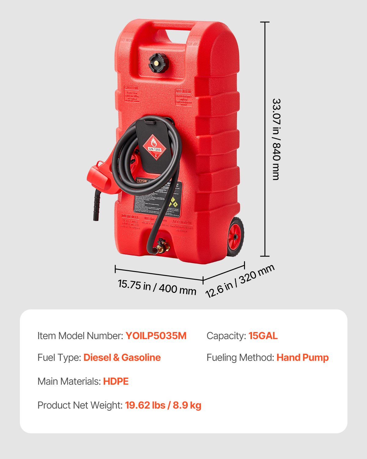 VEVOR Tanque de Combustible Portátil con Modos de Bomba Manual y por Gravedad, Manguera de Suministro de 10 pies, Contenedor de Tanque de Combustible con Ruedas para Lanchas para Gasolina y Diésel