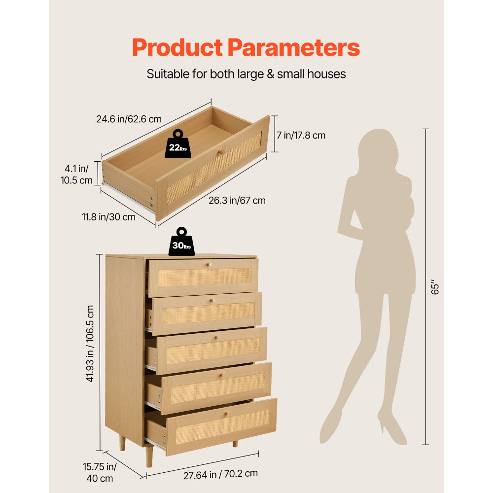 VEVOR Cómoda de Ratán con 5 Cajones, Tiradores y Patas Metálicas, Amplio Espacio de Almacenamiento, Mueble Moderno para Dormitorio, Salón o Recibidor, 70,2 x 40 x 106,5 cm, Color Madera Natural