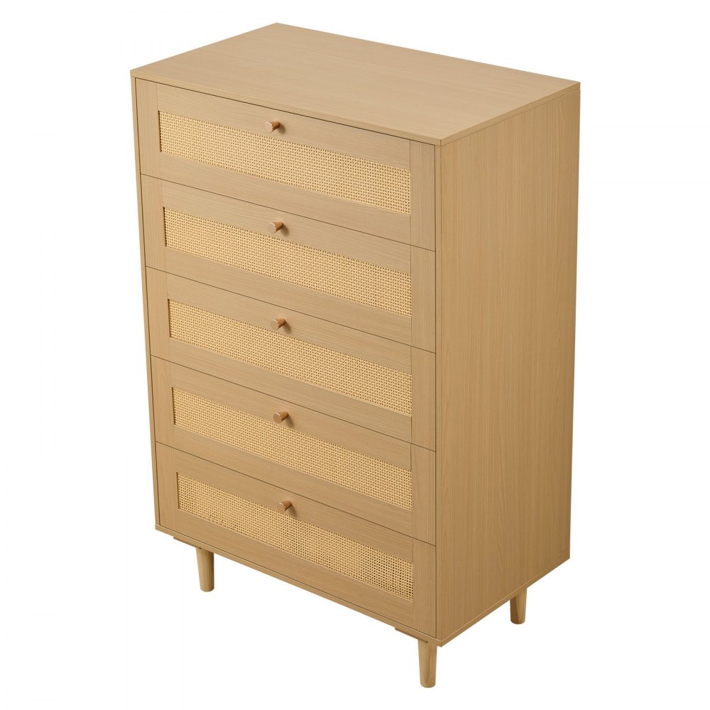 VEVOR Cómoda de Ratán con 5 Cajones, Tiradores y Patas Metálicas, Amplio Espacio de Almacenamiento, Mueble Moderno para Dormitorio, Salón o Recibidor, 70,2 x 40 x 106,5 cm, Color Madera Natural