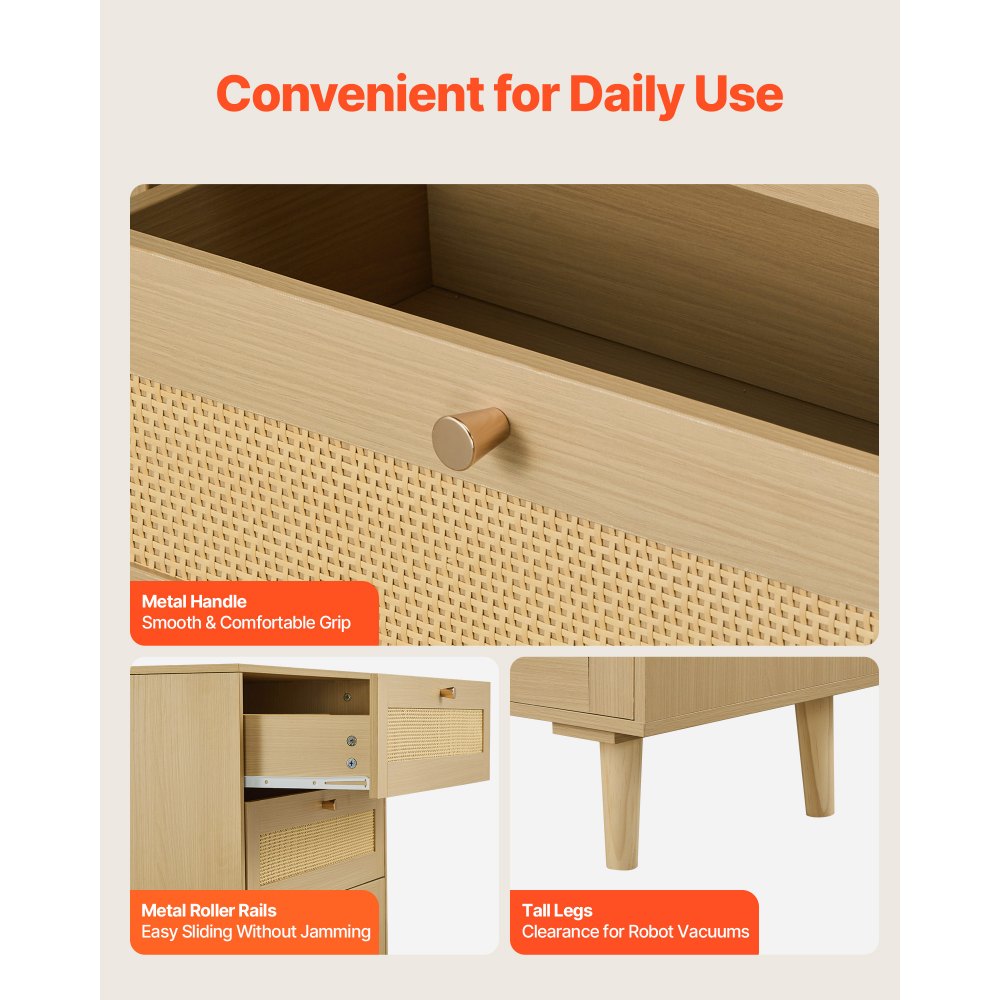 VEVOR Cómoda de Ratán con 5 Cajones, Tiradores y Patas Metálicas, Amplio Espacio de Almacenamiento, Mueble Moderno para Dormitorio, Salón o Recibidor, 70,2 x 40 x 106,5 cm, Color Madera Natural