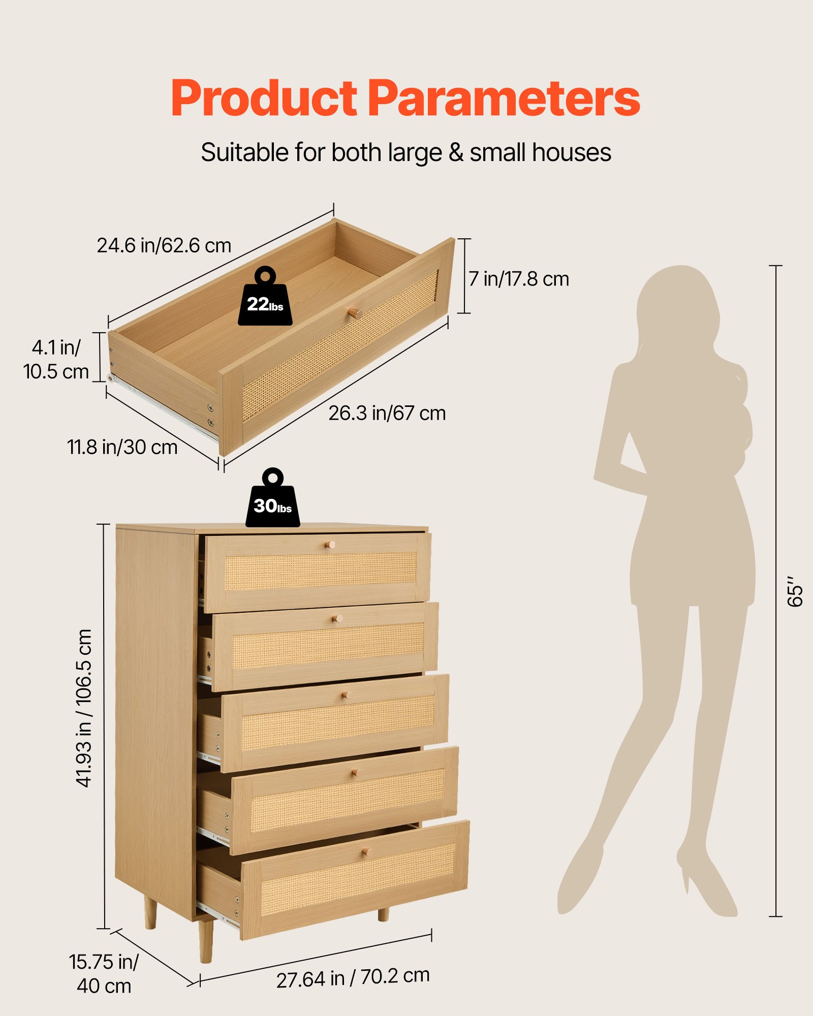 VEVOR Cómoda de Ratán con 5 Cajones, Tiradores y Patas Metálicas, Amplio Espacio de Almacenamiento, Mueble Moderno para Dormitorio, Salón o Recibidor, 70,2 x 40 x 106,5 cm, Color Madera Natural
