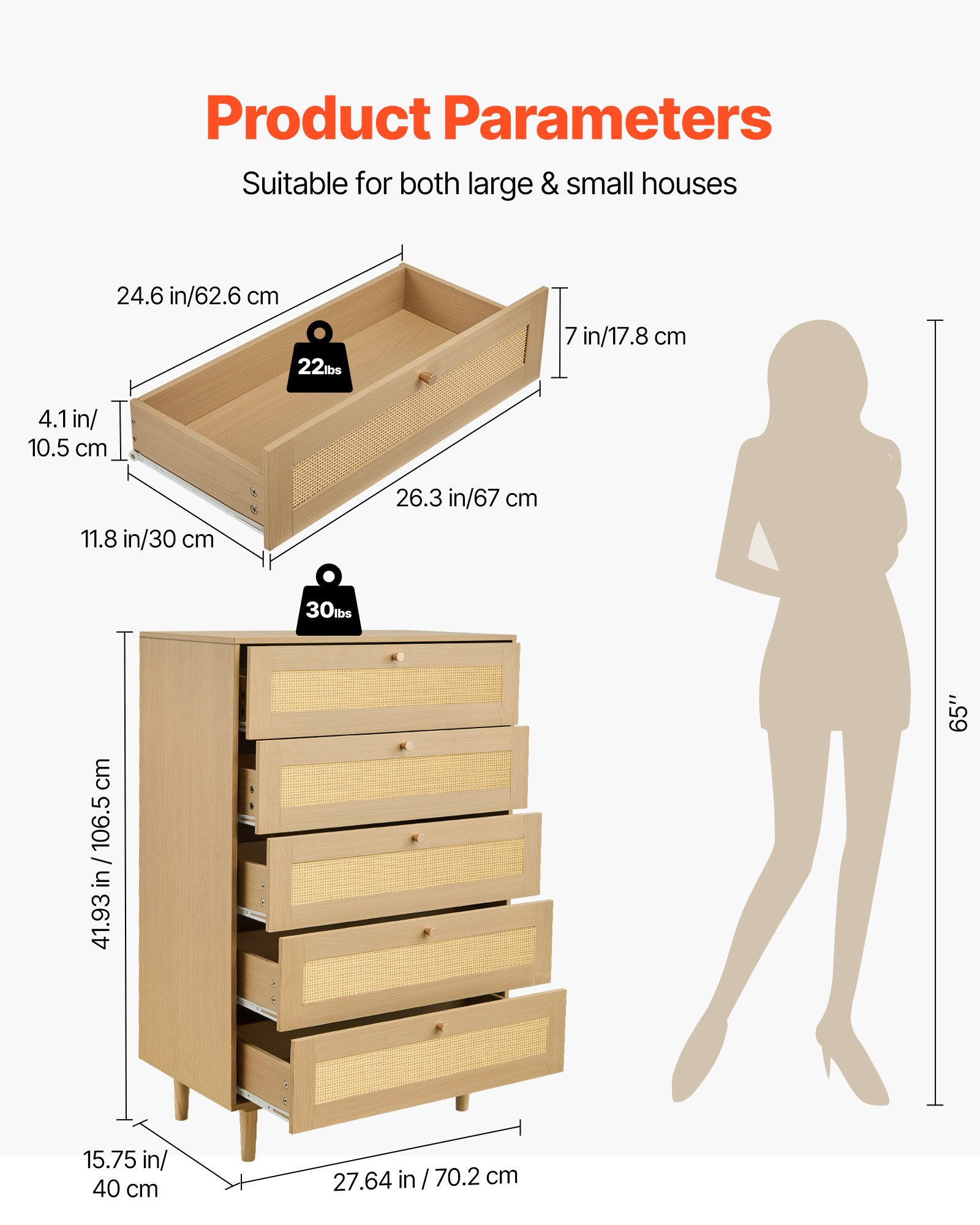 VEVOR Cómoda de Ratán con 5 Cajones, Tiradores y Patas Metálicas, Amplio Espacio de Almacenamiento, Mueble Moderno para Dormitorio, Salón o Recibidor, 70,2 x 40 x 106,5 cm, Color Madera Natural