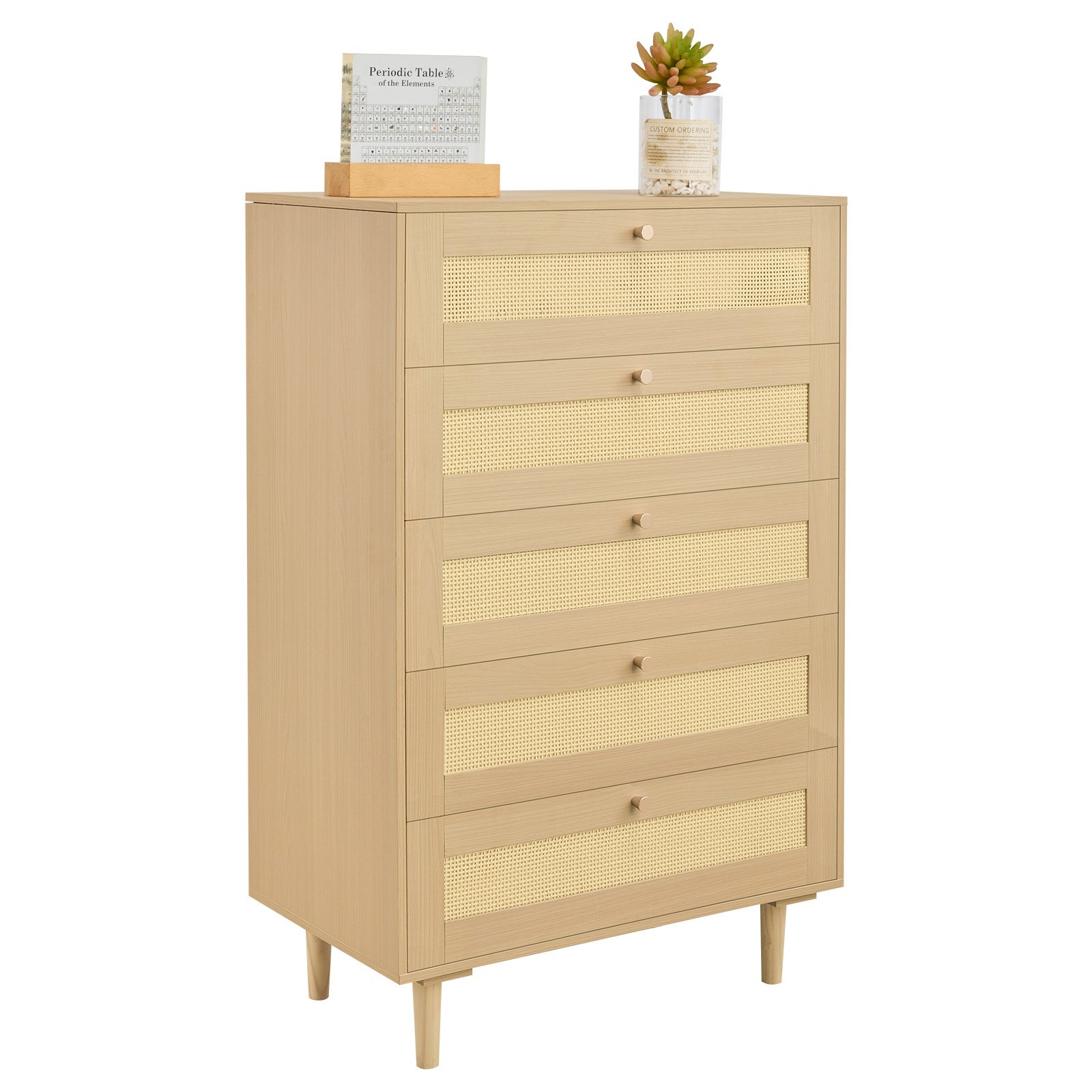 VEVOR Cómoda de Ratán con 5 Cajones, Tiradores y Patas Metálicas, Amplio Espacio de Almacenamiento, Mueble Moderno para Dormitorio, Salón o Recibidor, 70,2 x 40 x 106,5 cm, Color Madera Natural