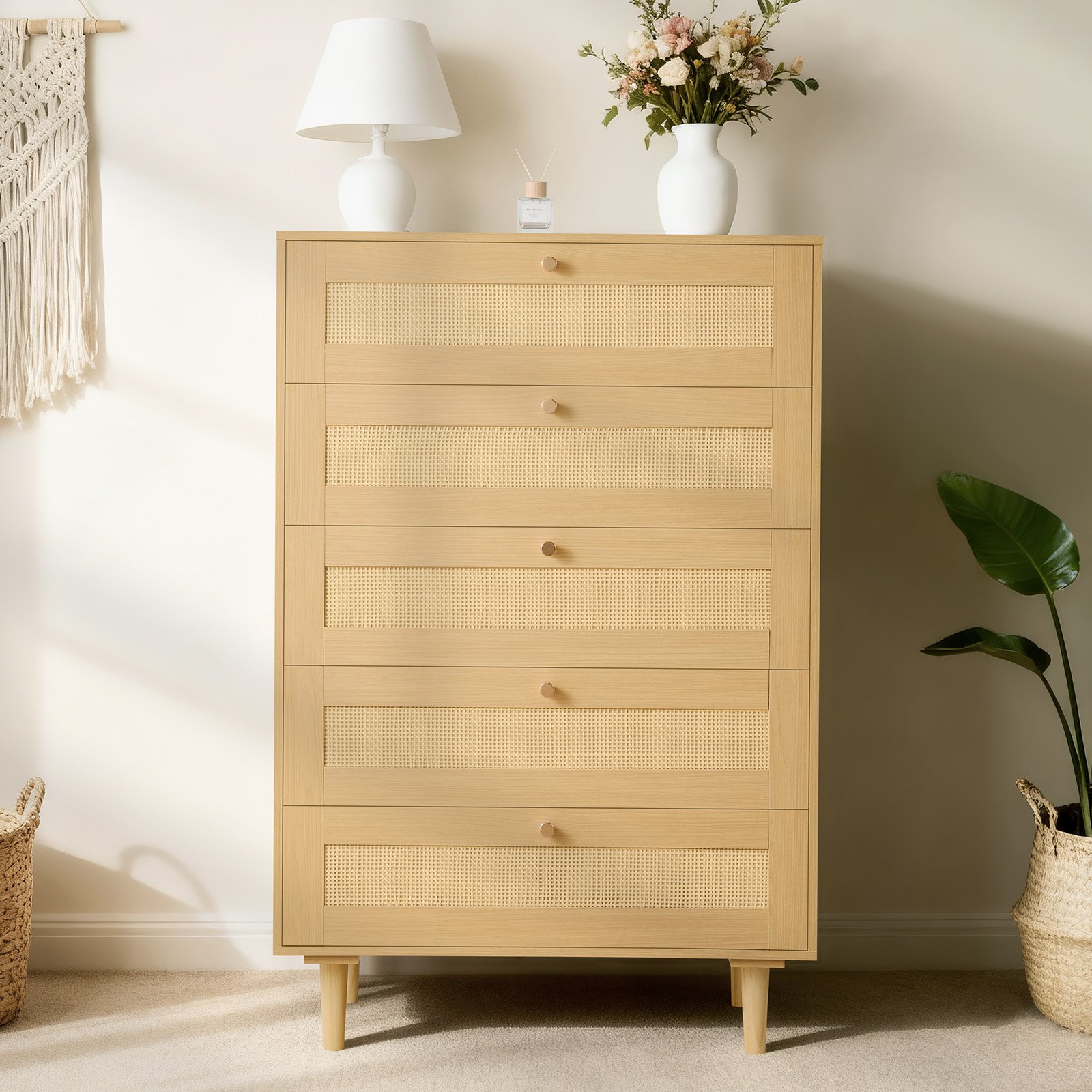 VEVOR Cómoda de Ratán con 5 Cajones, Tiradores y Patas Metálicas, Amplio Espacio de Almacenamiento, Mueble Moderno para Dormitorio, Salón o Recibidor, 70,2 x 40 x 106,5 cm, Color Madera Natural