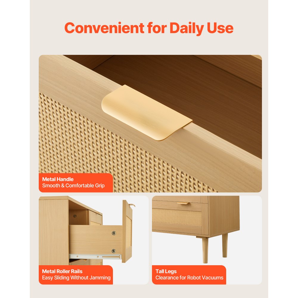 VEVOR Cómoda de Ratán con 3 Cajones, Tiradores y Patas Metálicas, Amplio Espacio de Almacenamiento, Mueble Moderno para Dormitorio, Salón o Recibidor, 800 x 350 x 770 mm, Color Madera Natural