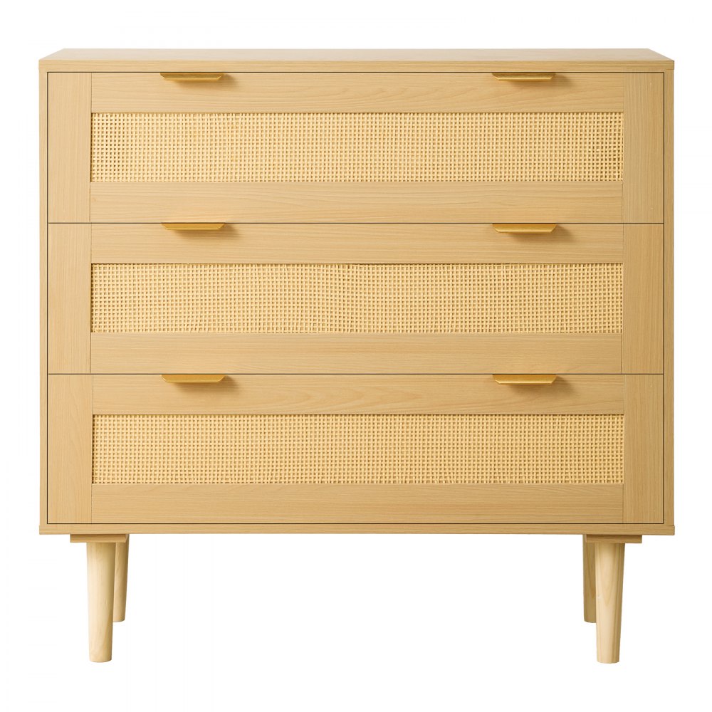 VEVOR Cómoda de Ratán con 3 Cajones, Tiradores y Patas Metálicas, Amplio Espacio de Almacenamiento, Mueble Moderno para Dormitorio, Salón o Recibidor, 800 x 350 x 770 mm, Color Madera Natural