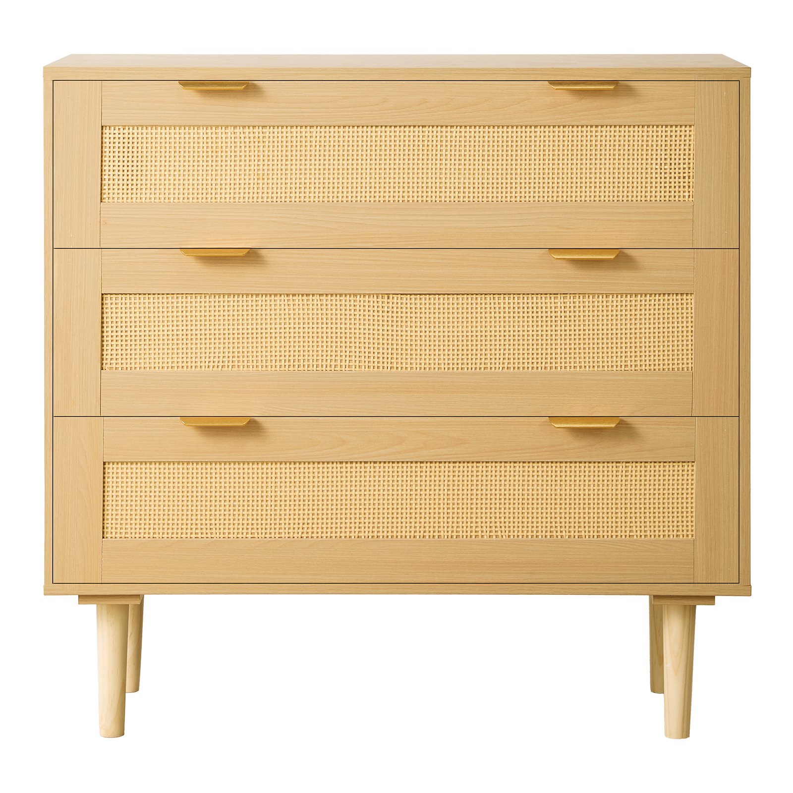 VEVOR Cómoda de Ratán con 3 Cajones, Tiradores y Patas Metálicas, Amplio Espacio de Almacenamiento, Mueble Moderno para Dormitorio, Salón o Recibidor, 800 x 350 x 770 mm, Color Madera Natural