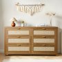 VEVOR Cómoda Bohemia de Ratán con 6 Cajones, Tiradores y Patas Metálicas, Amplio Espacio de Almacenamiento, Mueble Moderno para Dormitorio, Salón o Recibidor, 144,5 x 45 x 79,5 cm, Color Nogal