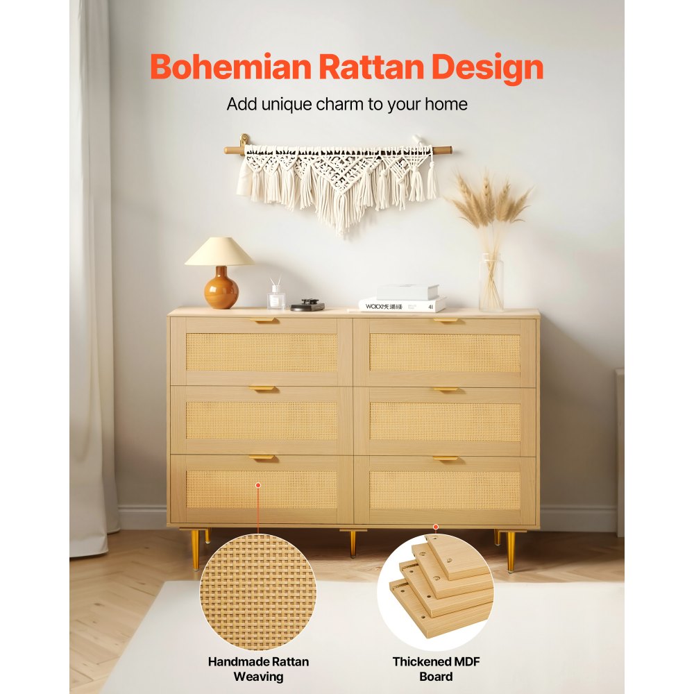 VEVOR Cómoda de Ratán con 6 Cajones, Tiradores y Patas Metálicas, Amplio Espacio de Almacenamiento, Mueble Moderno para Dormitorio, Salón o Recibidor, 120 x 39,5 x 85,4 cm, Color Madera Natural