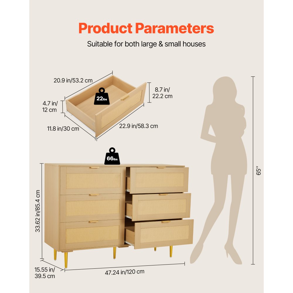 VEVOR Cómoda de Ratán con 6 Cajones, Tiradores y Patas Metálicas, Amplio Espacio de Almacenamiento, Mueble Moderno para Dormitorio, Salón o Recibidor, 120 x 39,5 x 85,4 cm, Color Madera Natural