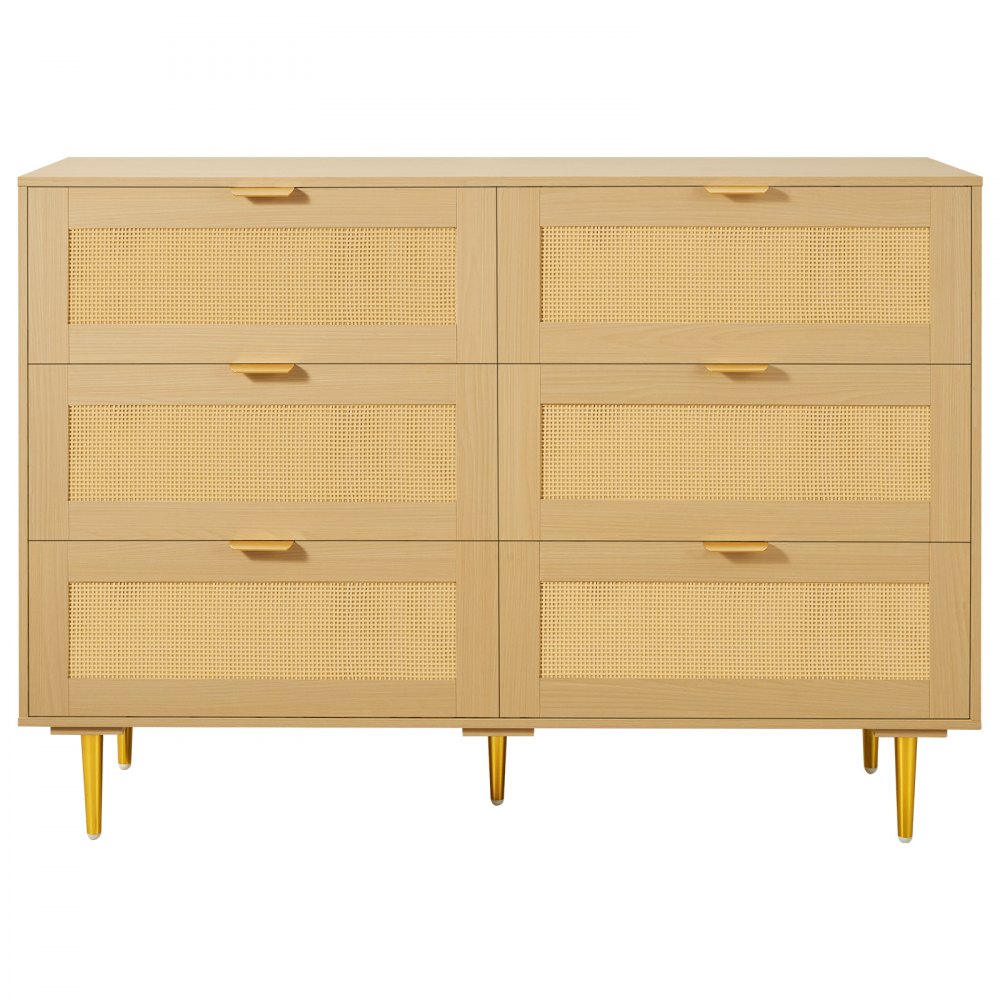 VEVOR Cómoda de Ratán con 6 Cajones, Tiradores y Patas Metálicas, Amplio Espacio de Almacenamiento, Mueble Moderno para Dormitorio, Salón o Recibidor, 120 x 39,5 x 85,4 cm, Color Madera Natural
