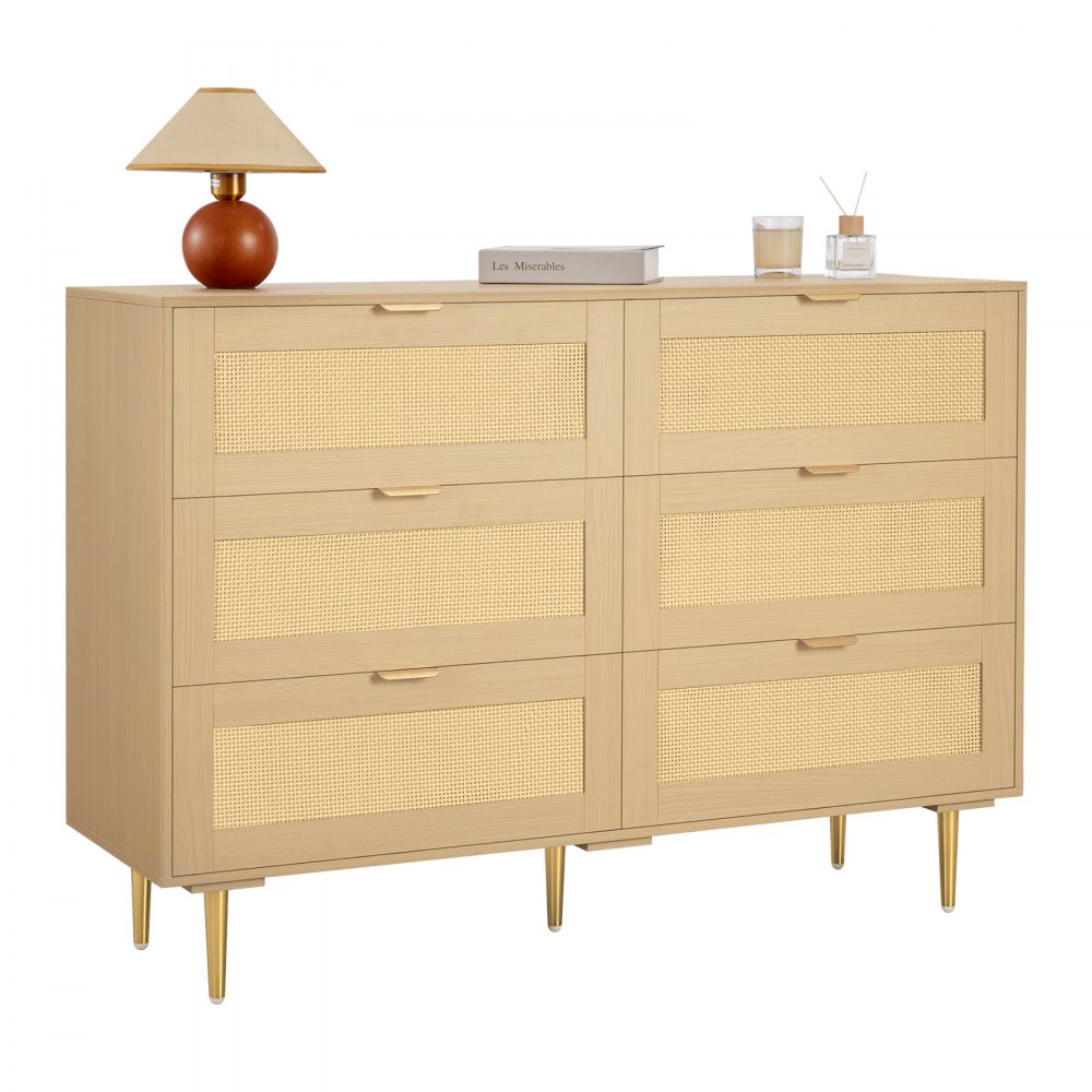 VEVOR Cómoda de Ratán con 6 Cajones, Tiradores y Patas Metálicas, Amplio Espacio de Almacenamiento, Mueble Moderno para Dormitorio, Salón o Recibidor, 120 x 39,5 x 85,4 cm, Color Madera Natural
