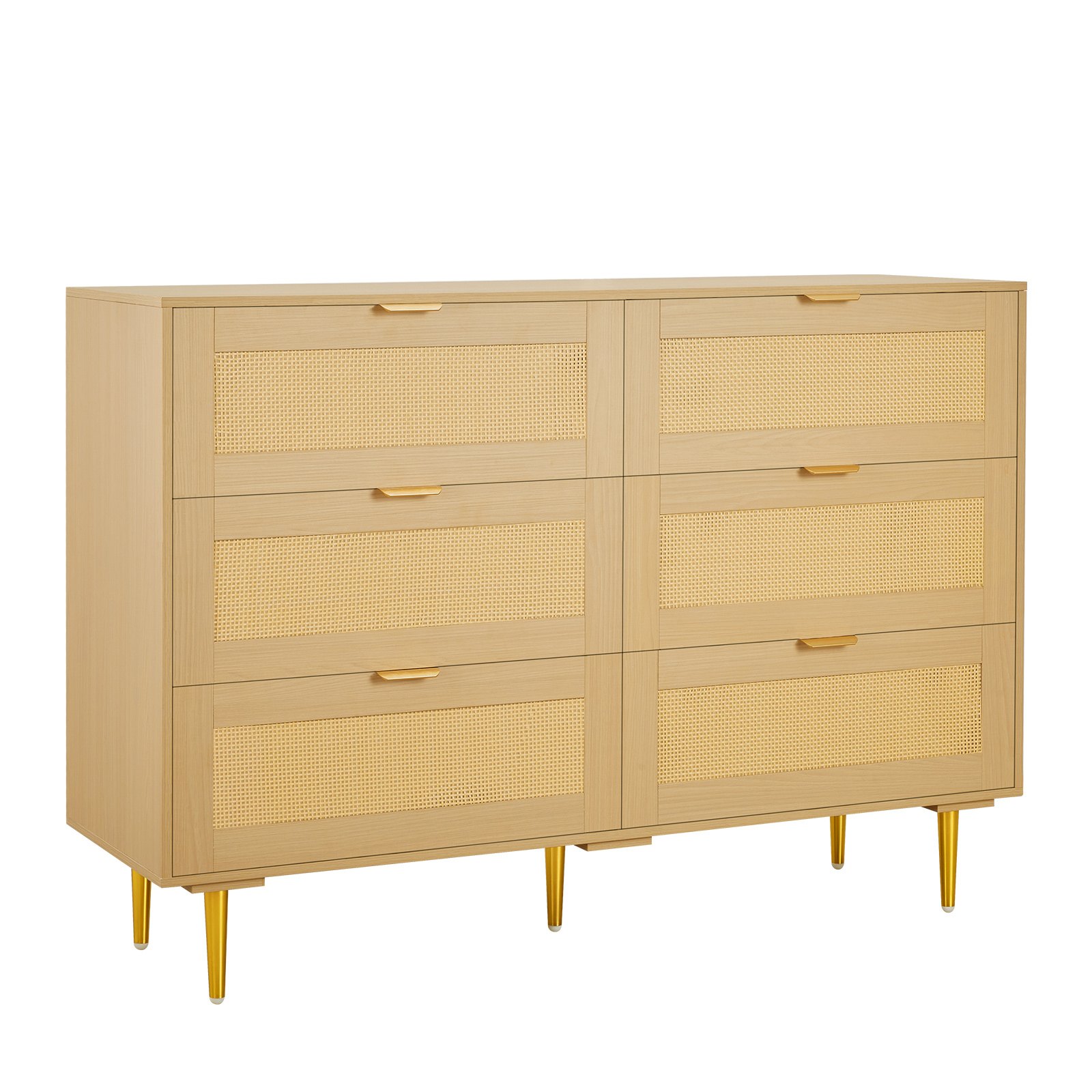 VEVOR Cómoda de Ratán con 6 Cajones, Tiradores y Patas Metálicas, Amplio Espacio de Almacenamiento, Mueble Moderno para Dormitorio, Salón o Recibidor, 120 x 39,5 x 85,4 cm, Color Madera Natural