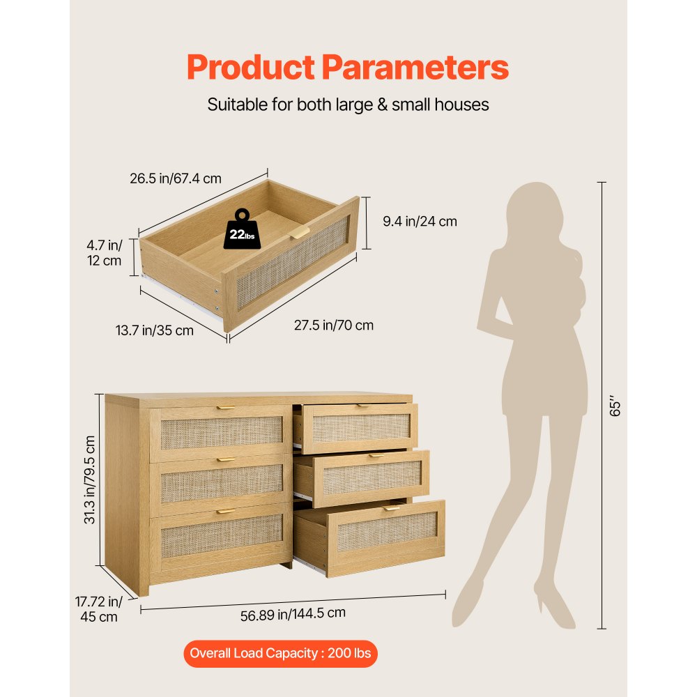 VEVOR Cómoda de Ratán con 6 Cajones, Tiradores y Patas Metálicas, Amplio Espacio de Almacenamiento, Mueble Moderno para Dormitorio, Salón o Recibidor, 144,5 x 45 x 79,5 cm, Color Madera Natural