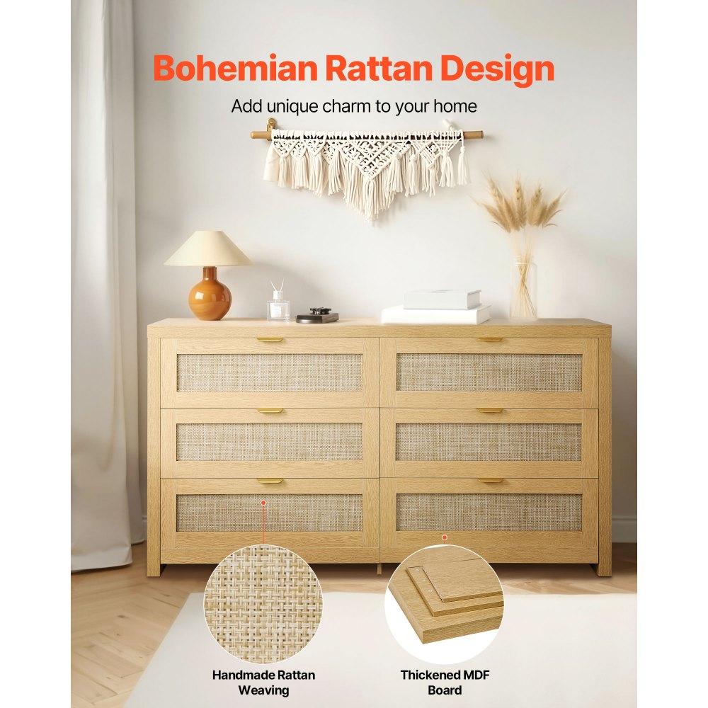 VEVOR Cómoda de Ratán con 6 Cajones, Tiradores y Patas Metálicas, Amplio Espacio de Almacenamiento, Mueble Moderno para Dormitorio, Salón o Recibidor, 144,5 x 45 x 79,5 cm, Color Madera Natural