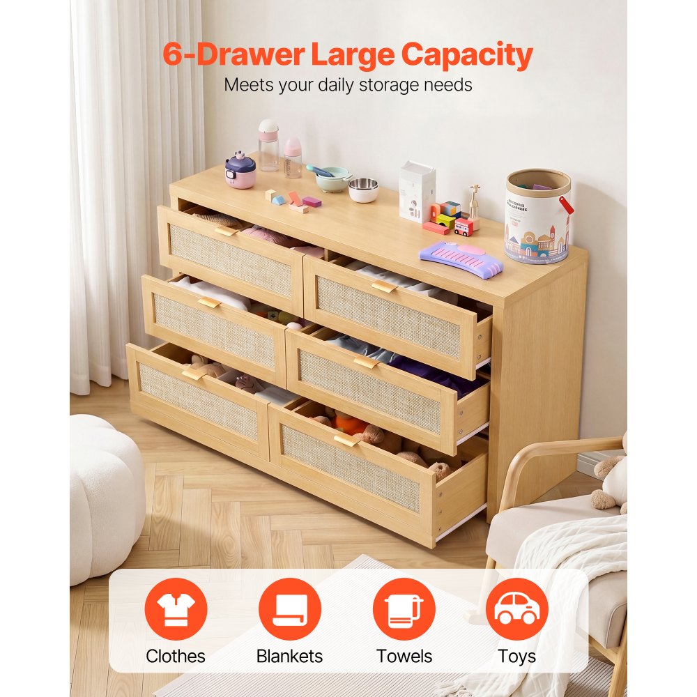VEVOR Cómoda de Ratán con 6 Cajones, Tiradores y Patas Metálicas, Amplio Espacio de Almacenamiento, Mueble Moderno para Dormitorio, Salón o Recibidor, 144,5 x 45 x 79,5 cm, Color Madera Natural