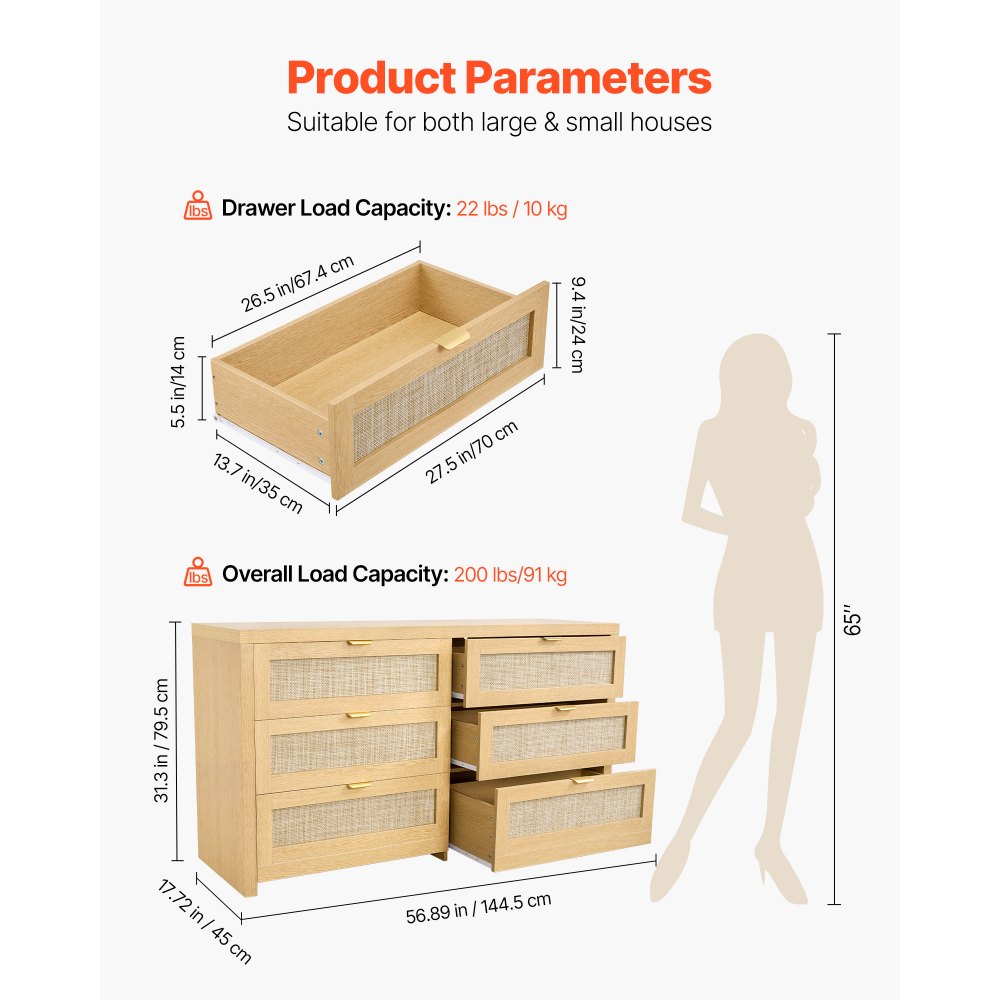 VEVOR Cómoda de Ratán con 6 Cajones, Tiradores y Patas Metálicas, Amplio Espacio de Almacenamiento, Mueble Moderno para Dormitorio, Salón o Recibidor, 144,5 x 45 x 79,5 cm, Color Madera Natural