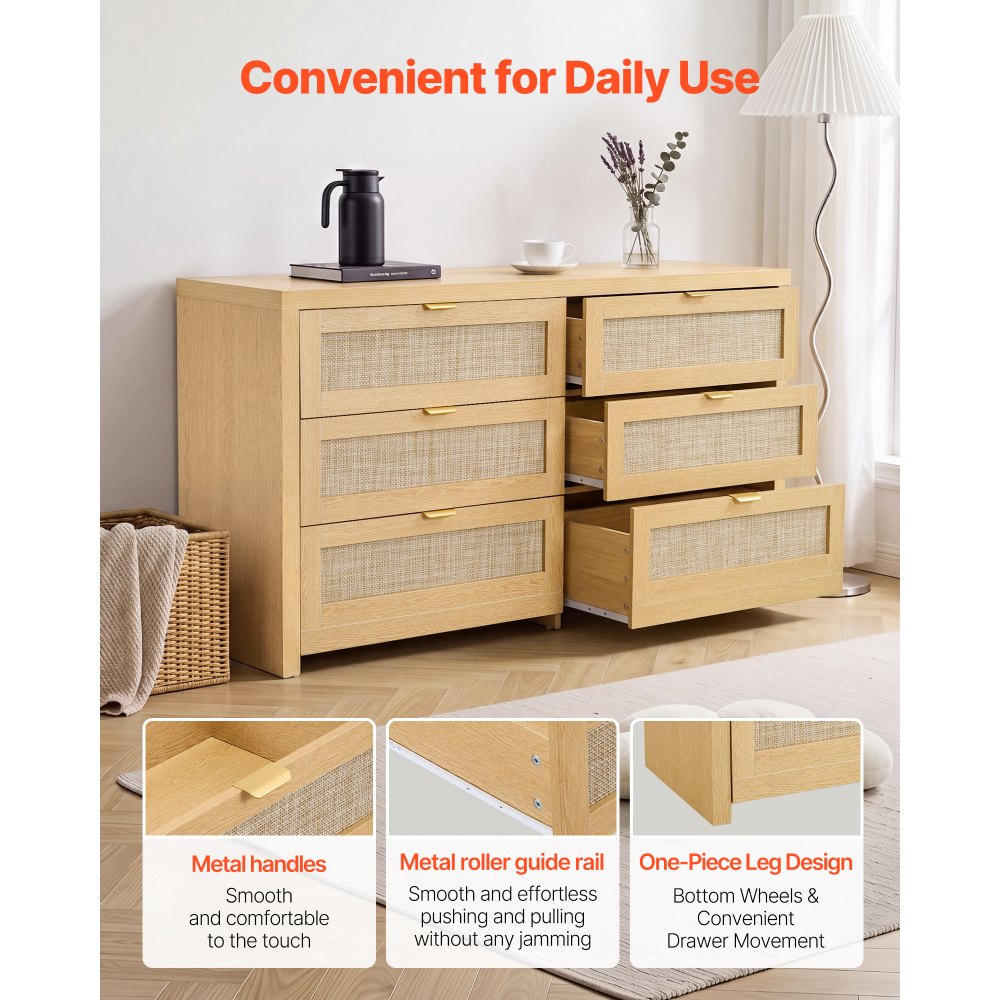 VEVOR Cómoda de Ratán con 6 Cajones, Tiradores y Patas Metálicas, Amplio Espacio de Almacenamiento, Mueble Moderno para Dormitorio, Salón o Recibidor, 144,5 x 45 x 79,5 cm, Color Madera Natural