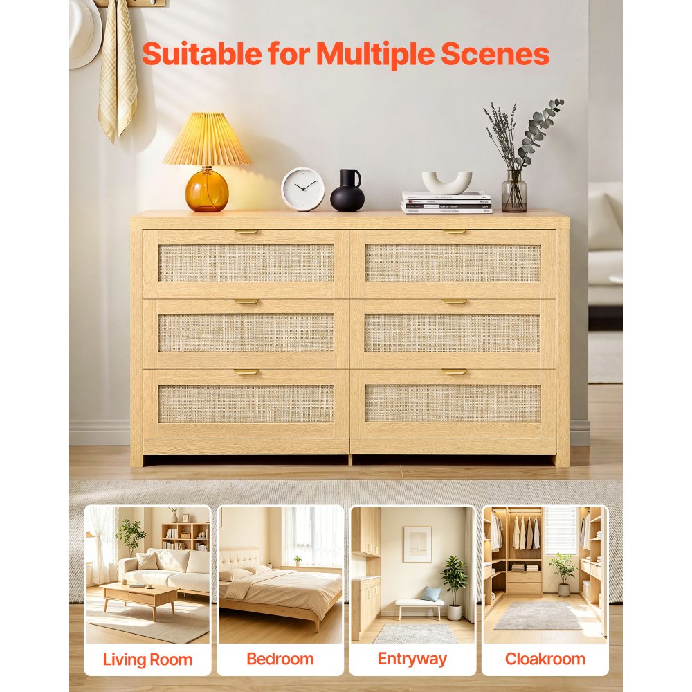 VEVOR Cómoda de Ratán con 6 Cajones, Tiradores y Patas Metálicas, Amplio Espacio de Almacenamiento, Mueble Moderno para Dormitorio, Salón o Recibidor, 144,5 x 45 x 79,5 cm, Color Madera Natural