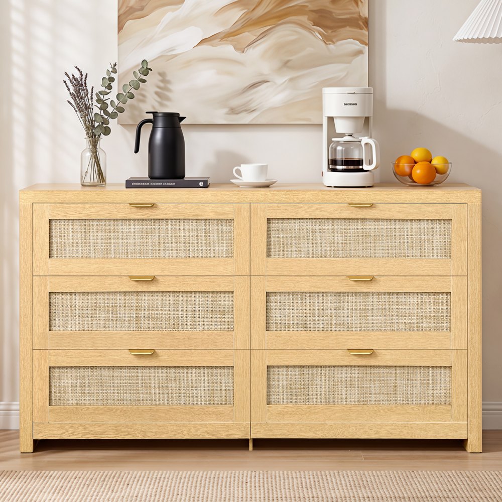 VEVOR Cómoda de Ratán con 6 Cajones, Tiradores y Patas Metálicas, Amplio Espacio de Almacenamiento, Mueble Moderno para Dormitorio, Salón o Recibidor, 144,5 x 45 x 79,5 cm, Color Madera Natural