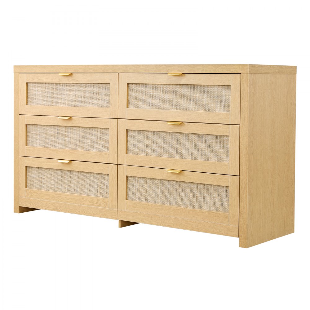 VEVOR Cómoda de Ratán con 6 Cajones, Tiradores y Patas Metálicas, Amplio Espacio de Almacenamiento, Mueble Moderno para Dormitorio, Salón o Recibidor, 144,5 x 45 x 79,5 cm, Color Madera Natural
