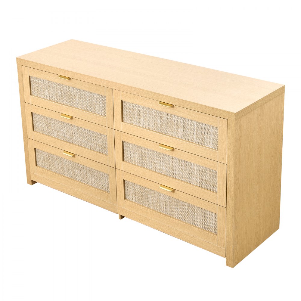 VEVOR Cómoda de Ratán con 6 Cajones, Tiradores y Patas Metálicas, Amplio Espacio de Almacenamiento, Mueble Moderno para Dormitorio, Salón o Recibidor, 144,5 x 45 x 79,5 cm, Color Madera Natural