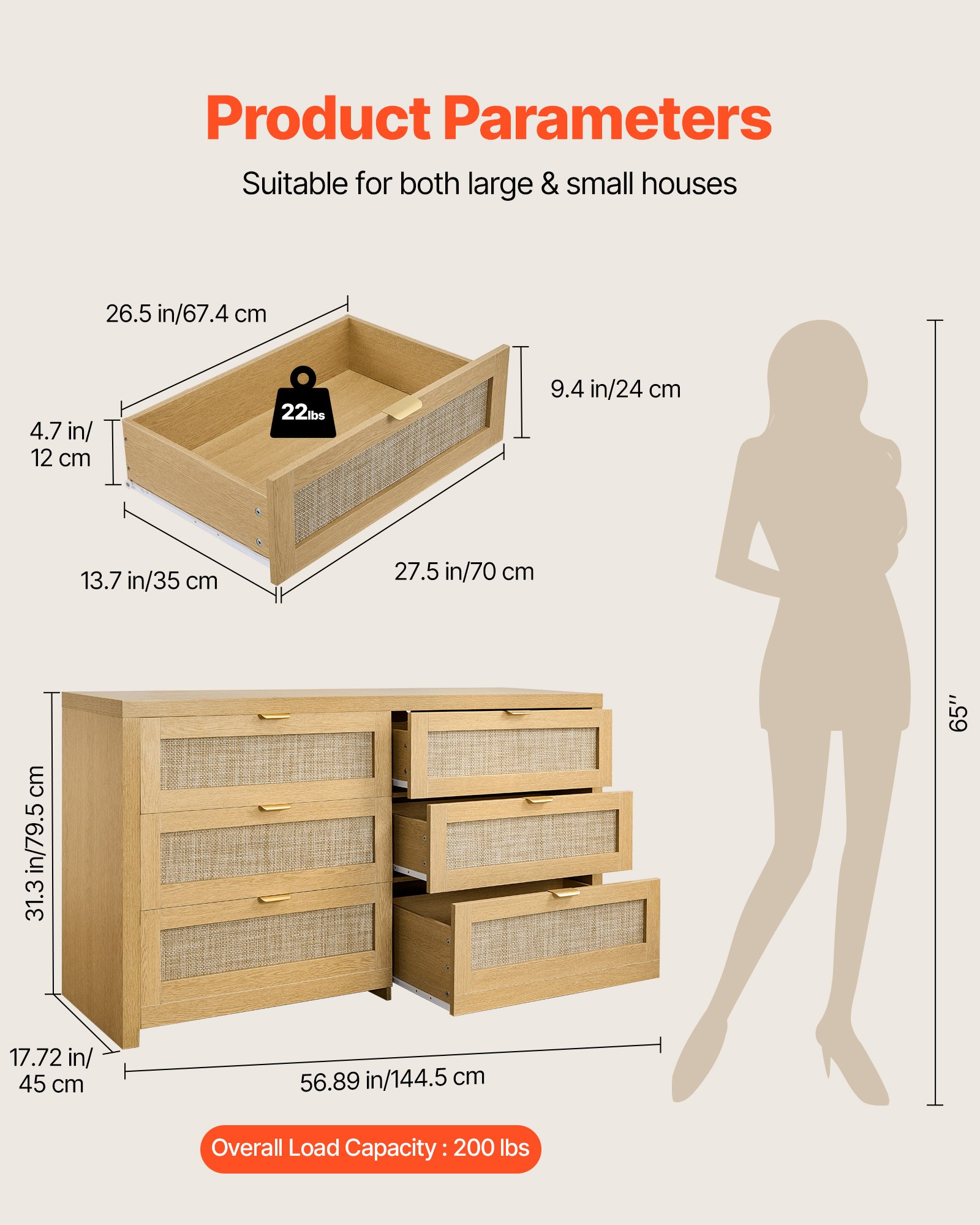 VEVOR Cómoda de Ratán con 6 Cajones, Tiradores y Patas Metálicas, Amplio Espacio de Almacenamiento, Mueble Moderno para Dormitorio, Salón o Recibidor, 144,5 x 45 x 79,5 cm, Color Madera Natural