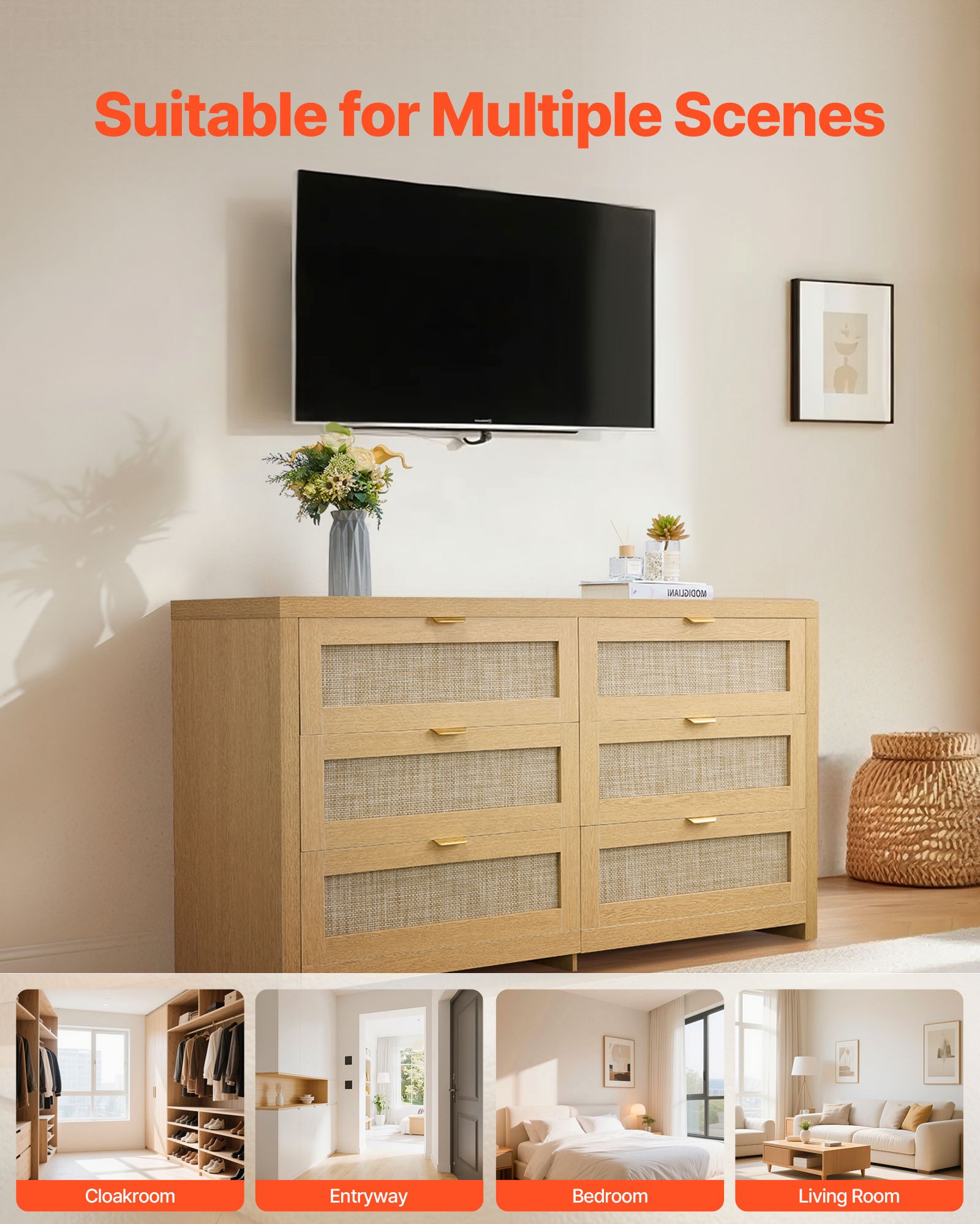 VEVOR Cómoda de Ratán con 6 Cajones, Tiradores y Patas Metálicas, Amplio Espacio de Almacenamiento, Mueble Moderno para Dormitorio, Salón o Recibidor, 144,5 x 45 x 79,5 cm, Color Madera Natural