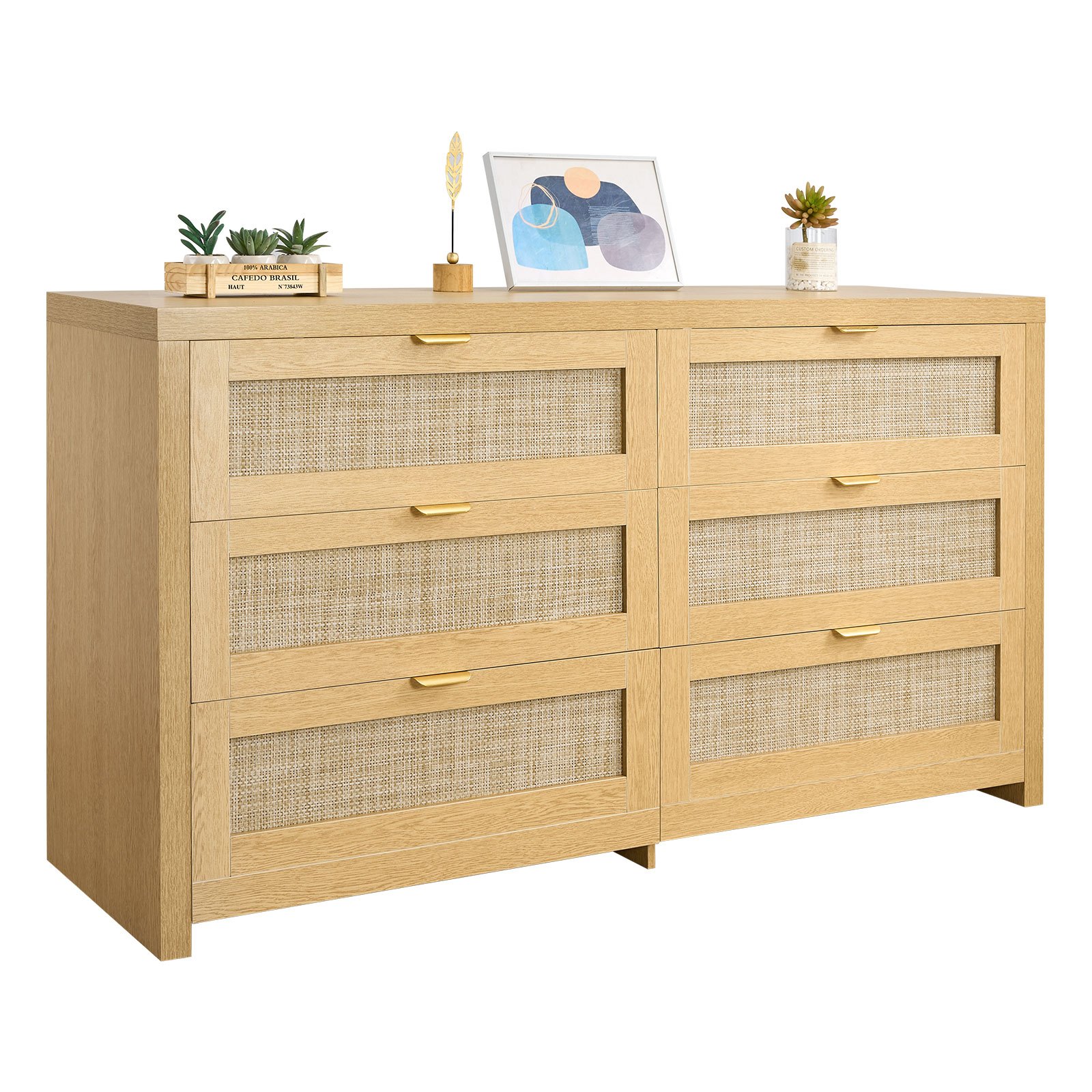 VEVOR Cómoda de Ratán con 6 Cajones, Tiradores y Patas Metálicas, Amplio Espacio de Almacenamiento, Mueble Moderno para Dormitorio, Salón o Recibidor, 144,5 x 45 x 79,5 cm, Color Madera Natural