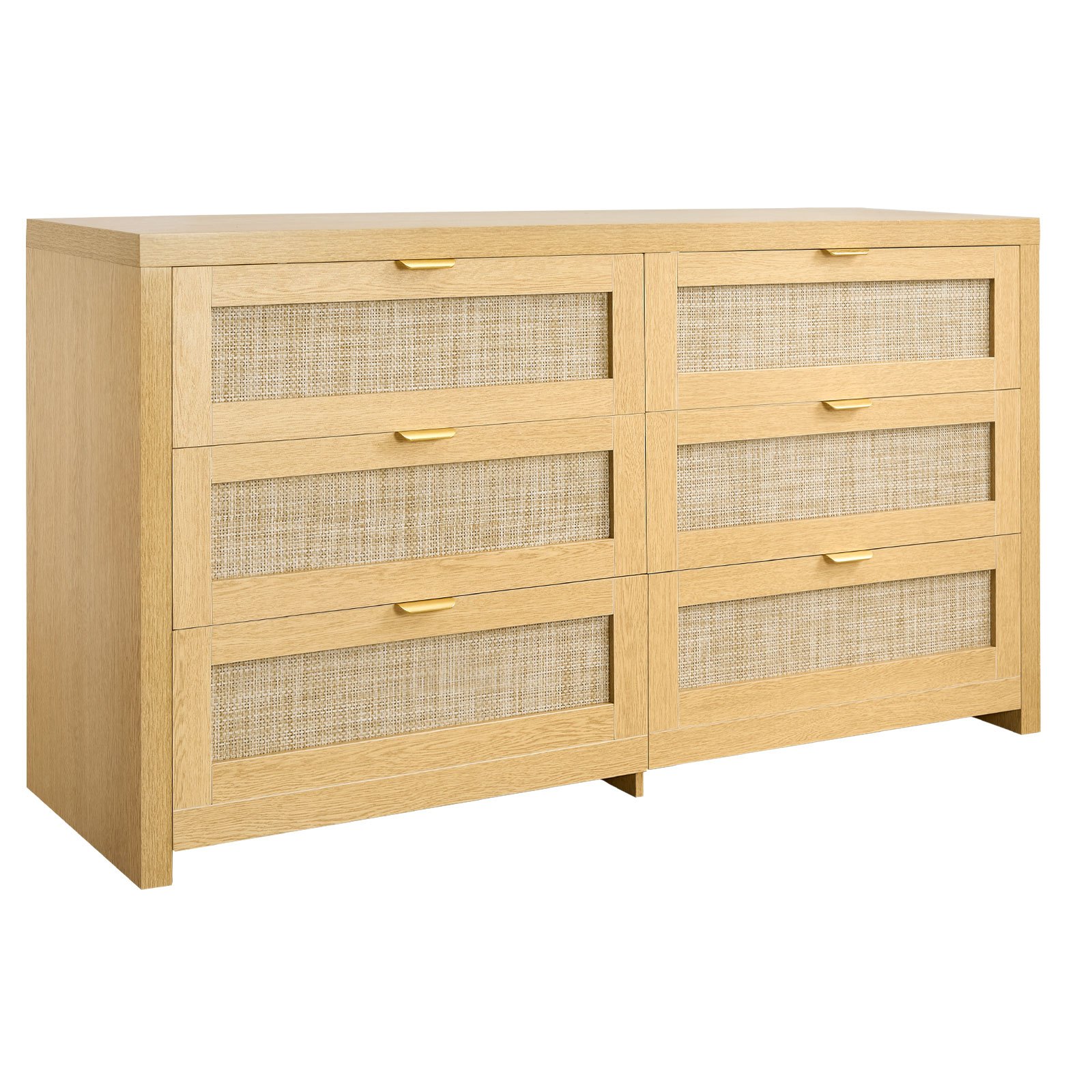 VEVOR Cómoda de Ratán con 6 Cajones, Tiradores y Patas Metálicas, Amplio Espacio de Almacenamiento, Mueble Moderno para Dormitorio, Salón o Recibidor, 144,5 x 45 x 79,5 cm, Color Madera Natural