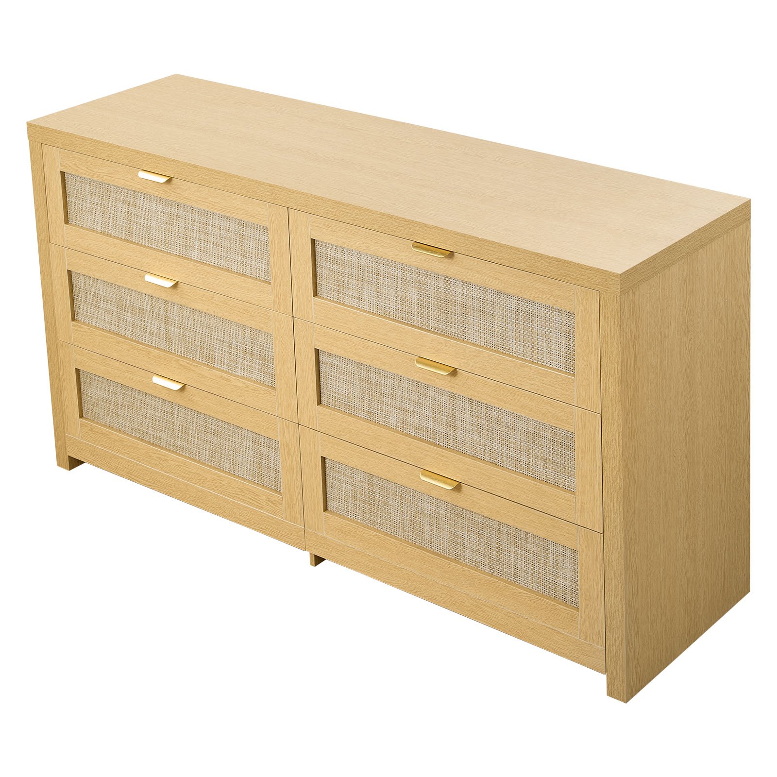 VEVOR Cómoda de Ratán con 6 Cajones, Tiradores y Patas Metálicas, Amplio Espacio de Almacenamiento, Mueble Moderno para Dormitorio, Salón o Recibidor, 144,5 x 45 x 79,5 cm, Color Madera Natural
