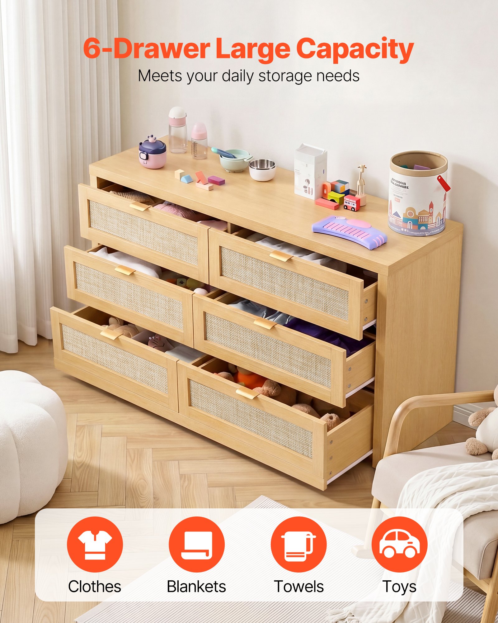 VEVOR Cómoda de Ratán con 6 Cajones, Tiradores y Patas Metálicas, Amplio Espacio de Almacenamiento, Mueble Moderno para Dormitorio, Salón o Recibidor, 144,5 x 45 x 79,5 cm, Color Madera Natural