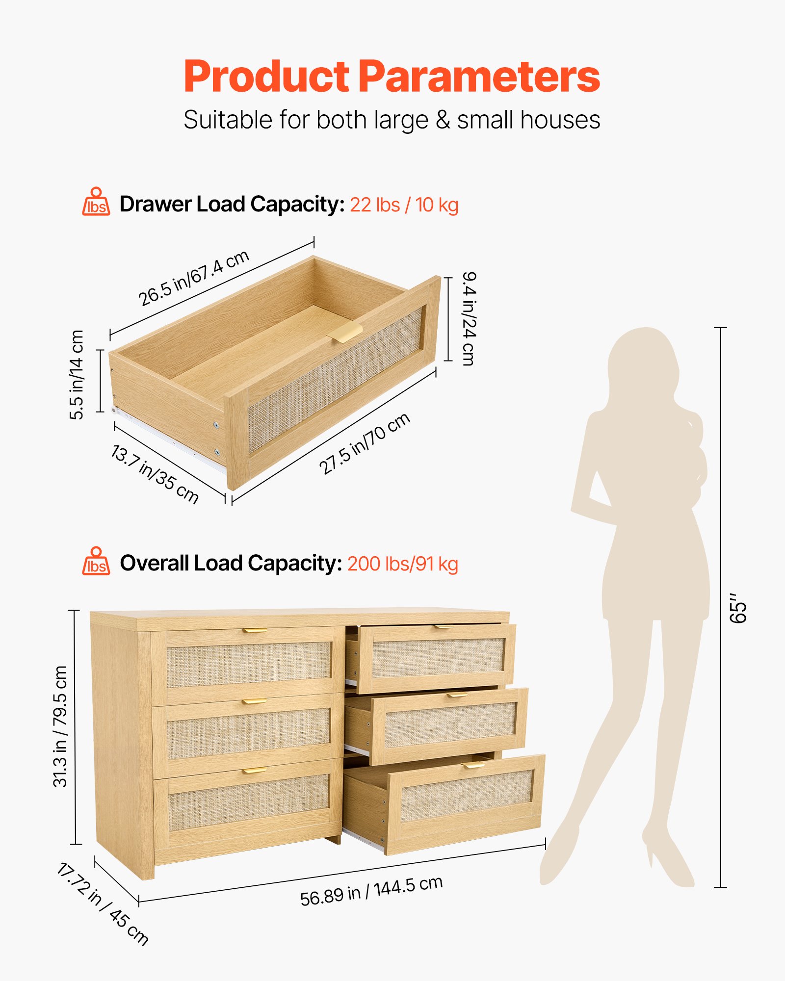 VEVOR Cómoda de Ratán con 6 Cajones, Tiradores y Patas Metálicas, Amplio Espacio de Almacenamiento, Mueble Moderno para Dormitorio, Salón o Recibidor, 144,5 x 45 x 79,5 cm, Color Madera Natural