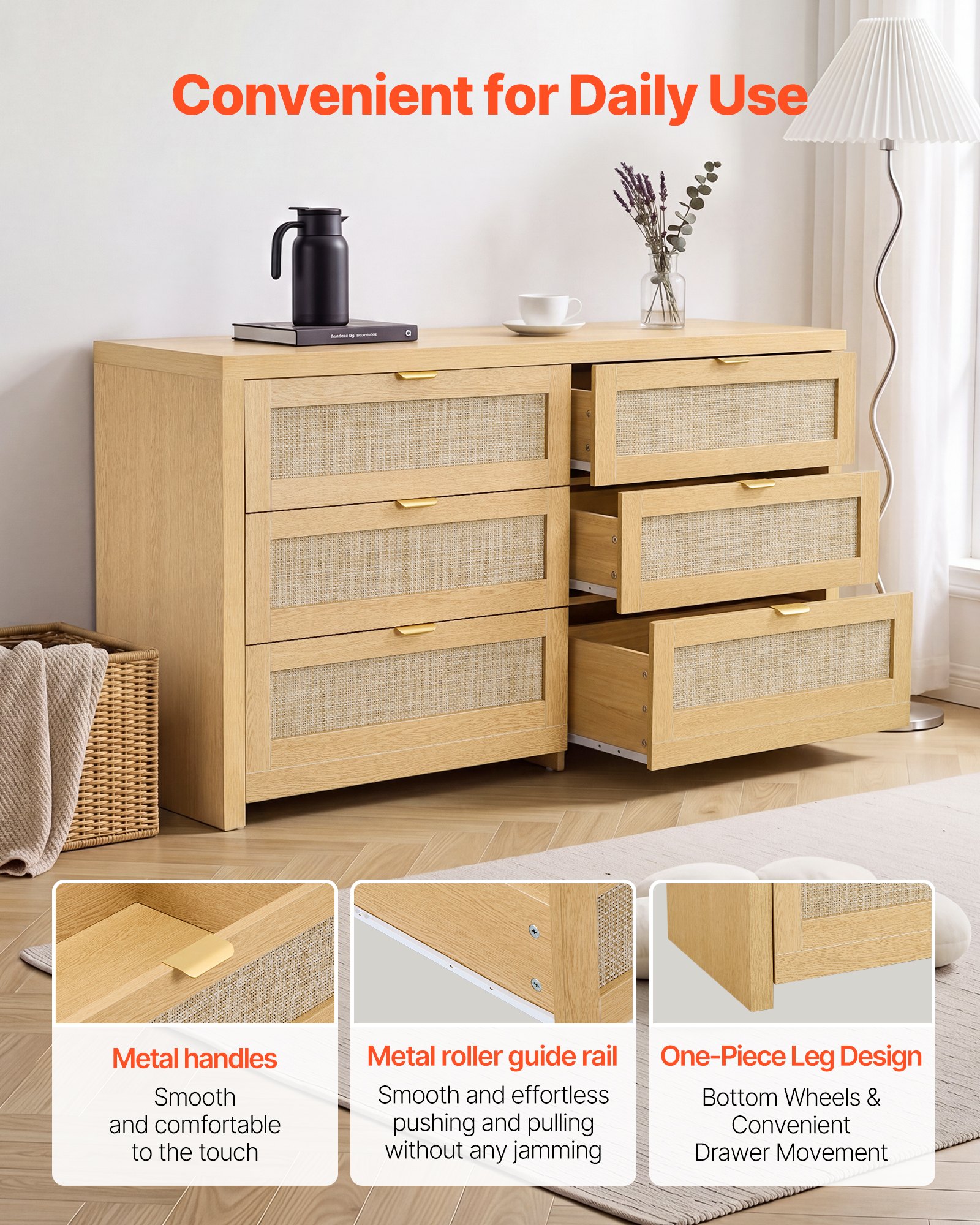 VEVOR Cómoda de Ratán con 6 Cajones, Tiradores y Patas Metálicas, Amplio Espacio de Almacenamiento, Mueble Moderno para Dormitorio, Salón o Recibidor, 144,5 x 45 x 79,5 cm, Color Madera Natural