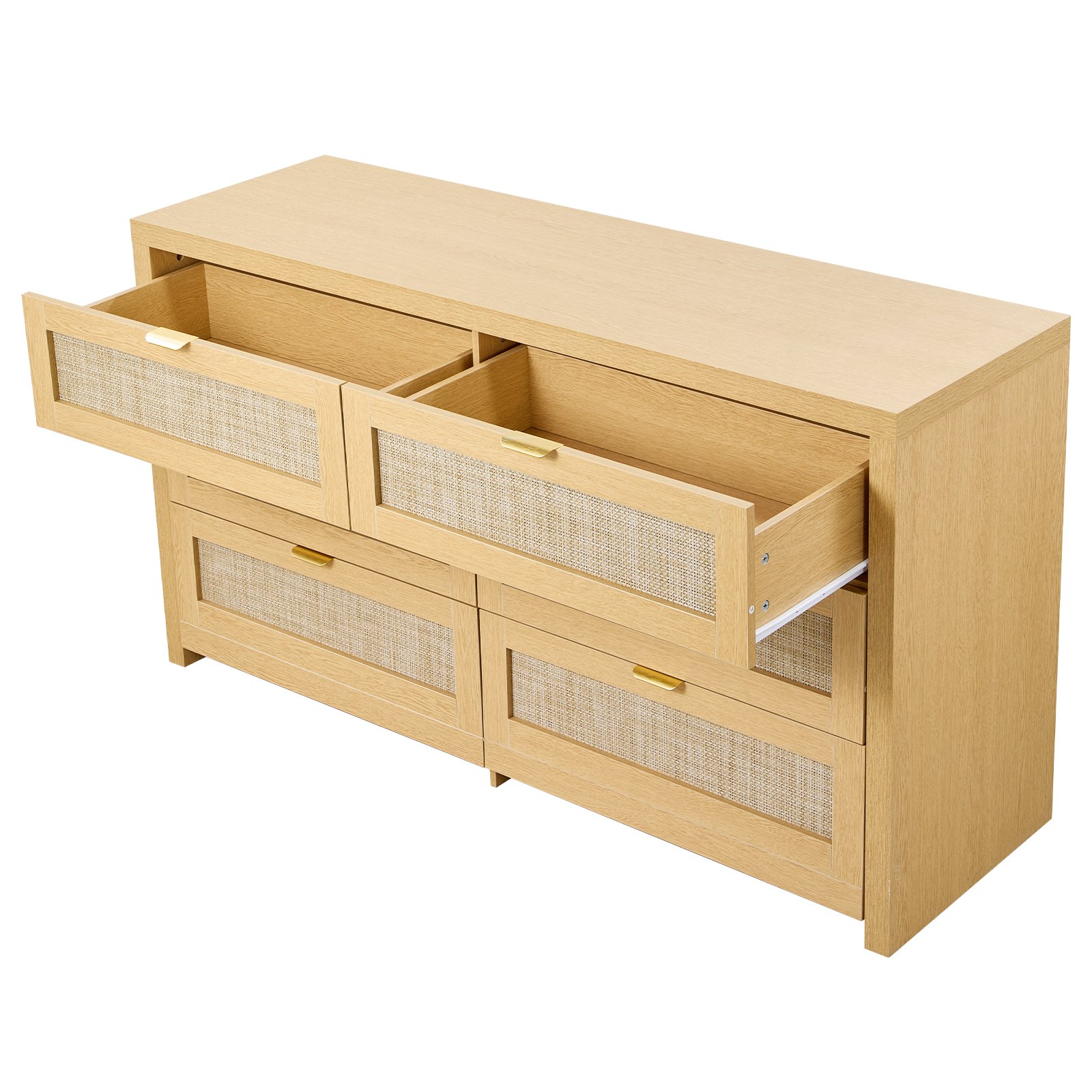 VEVOR Cómoda de Ratán con 6 Cajones, Tiradores y Patas Metálicas, Amplio Espacio de Almacenamiento, Mueble Moderno para Dormitorio, Salón o Recibidor, 144,5 x 45 x 79,5 cm, Color Madera Natural