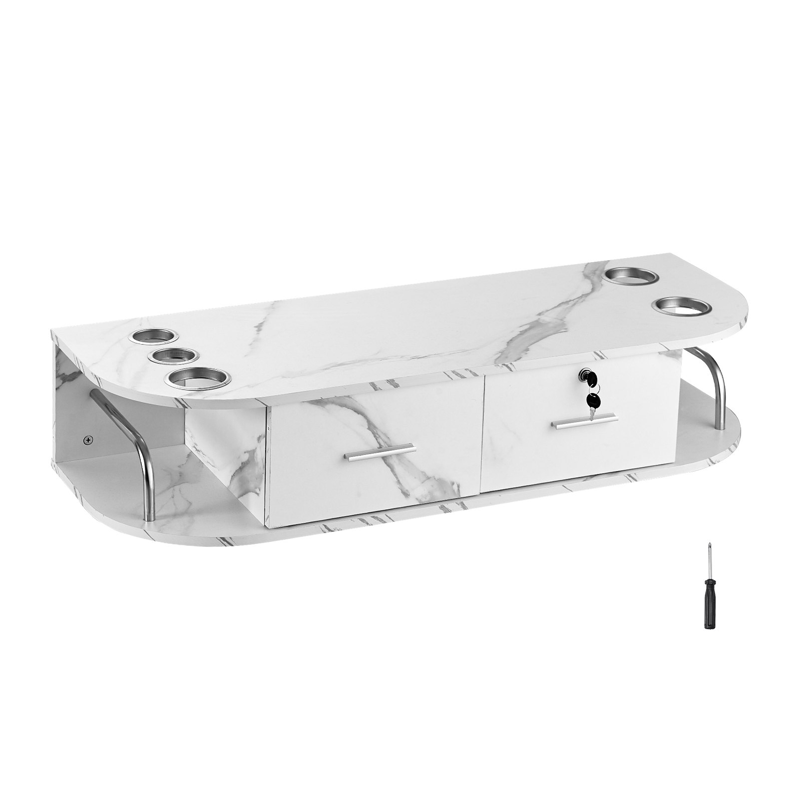 VEVOR Estación Blanca de Salón de Montaje en Pared Mesa de Peluquería con 5 Soportes para Secador de Pelo, 2 Cajones, Uno con Cerradura, Equipo de Salón de Belleza para SPA, Barbería, Hogar y Baño