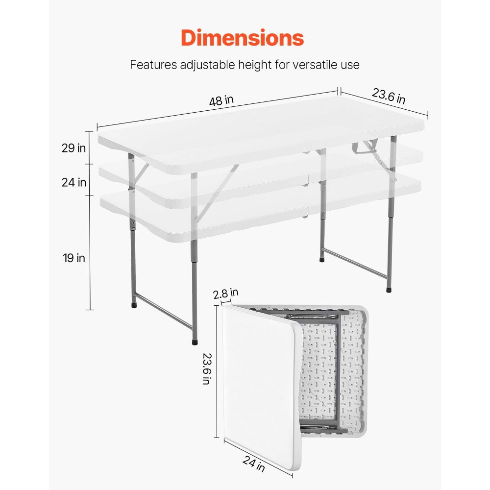 VEVOR Mesa Plegable Plástico Buffet Portátil Multiusos, Rectangular, con Altura Ajustable y Asa Integrada, para Fiestas, Picnics y Camping, Blanco, 1220 x 600 x (480/610/740) mm, a 4 a 6 Adultos