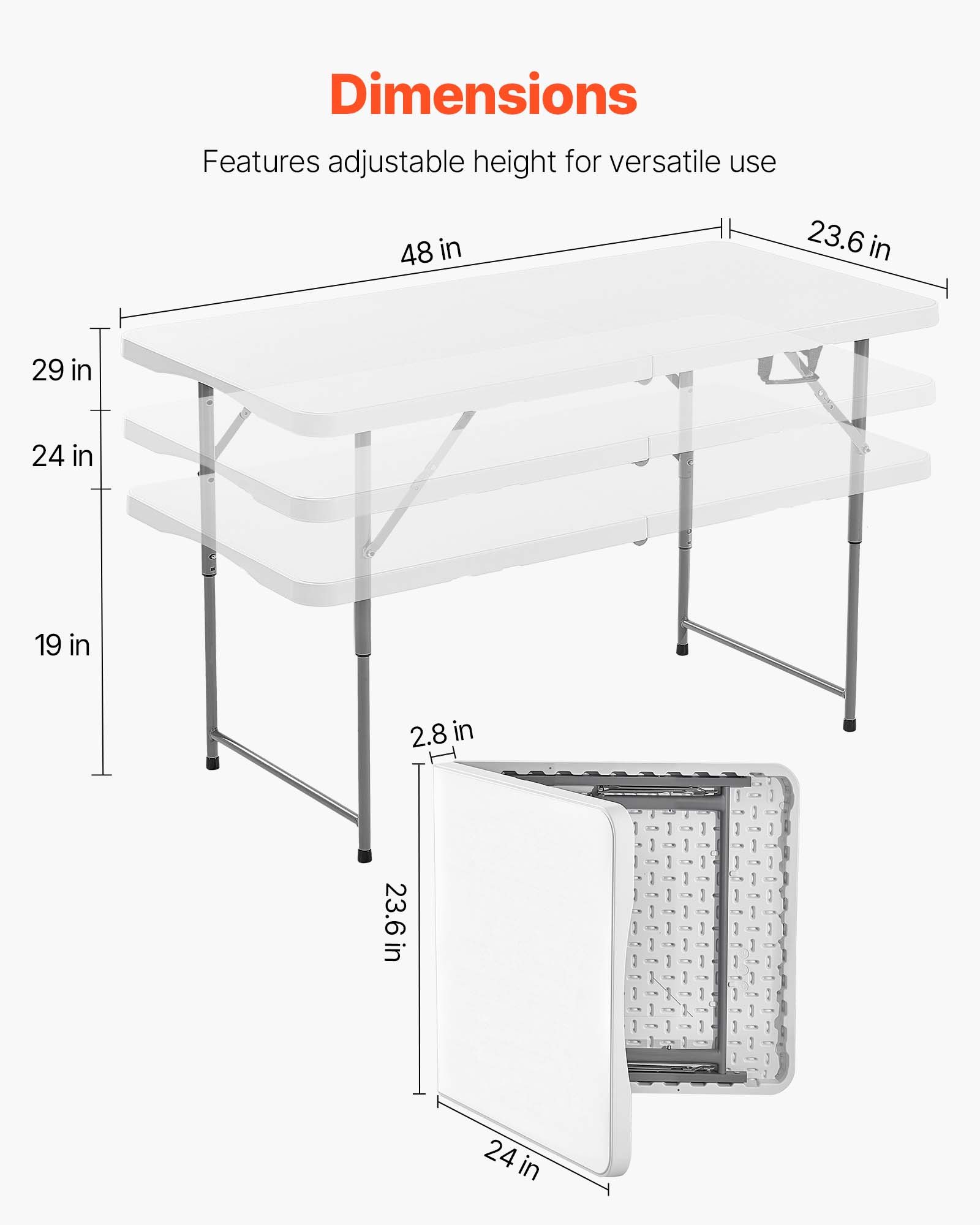VEVOR Folding Table, 4 Ft Heavy Duty Portable Fold-in-Half Utility Table, Indoor Outdoor Plastic Rectangle Table with Adjustable Height and Built in Handle, for Party, Dining, Picnic, Camping, White