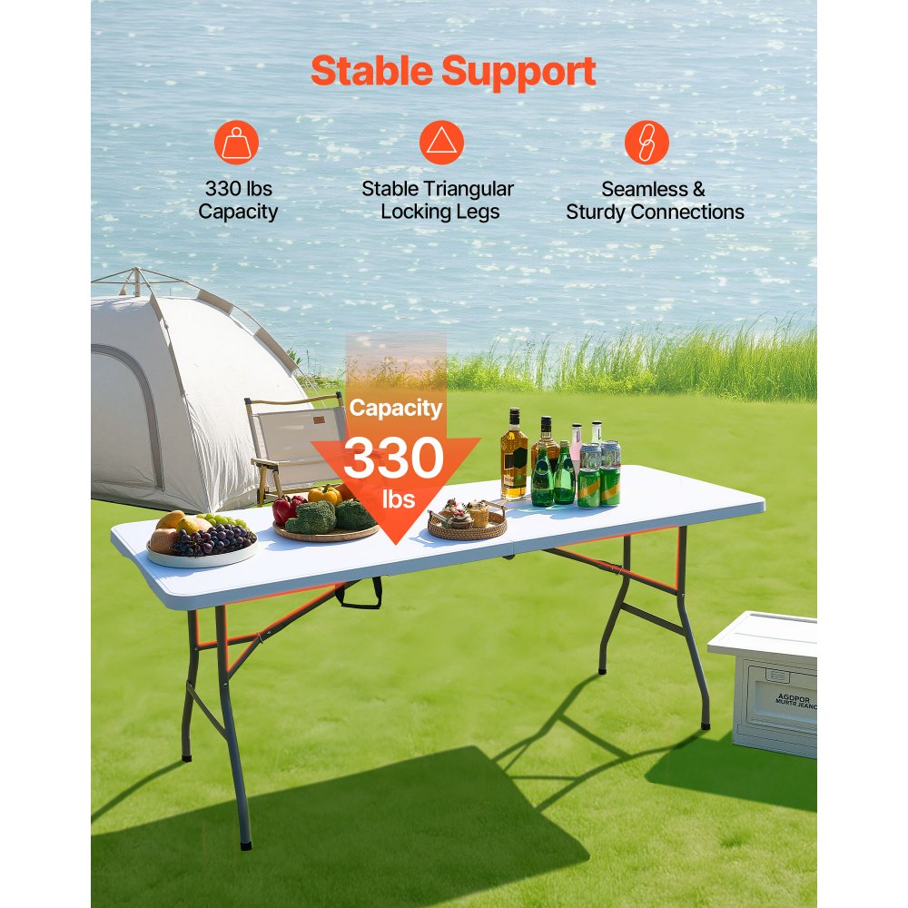 VEVOR Mesa Plegable de Buffet Portátil Multiusos de 180 cm, Rectangular, de Plástico, a 4-6 Personas con Asa Integrada, para Fiestas, Picnics y Camping, Blanco, 1800 x 700 x 730 mm, Carga 150 kg