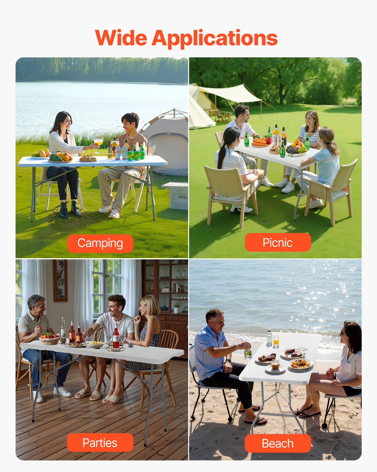 VEVOR Mesa Plegable de Buffet Portátil Multiusos de 180 cm, Rectangular, de Plástico, a 4-6 Personas con Asa Integrada, para Fiestas, Picnics y Camping, Blanco, 1800 x 700 x 730 mm, Carga 150 kg