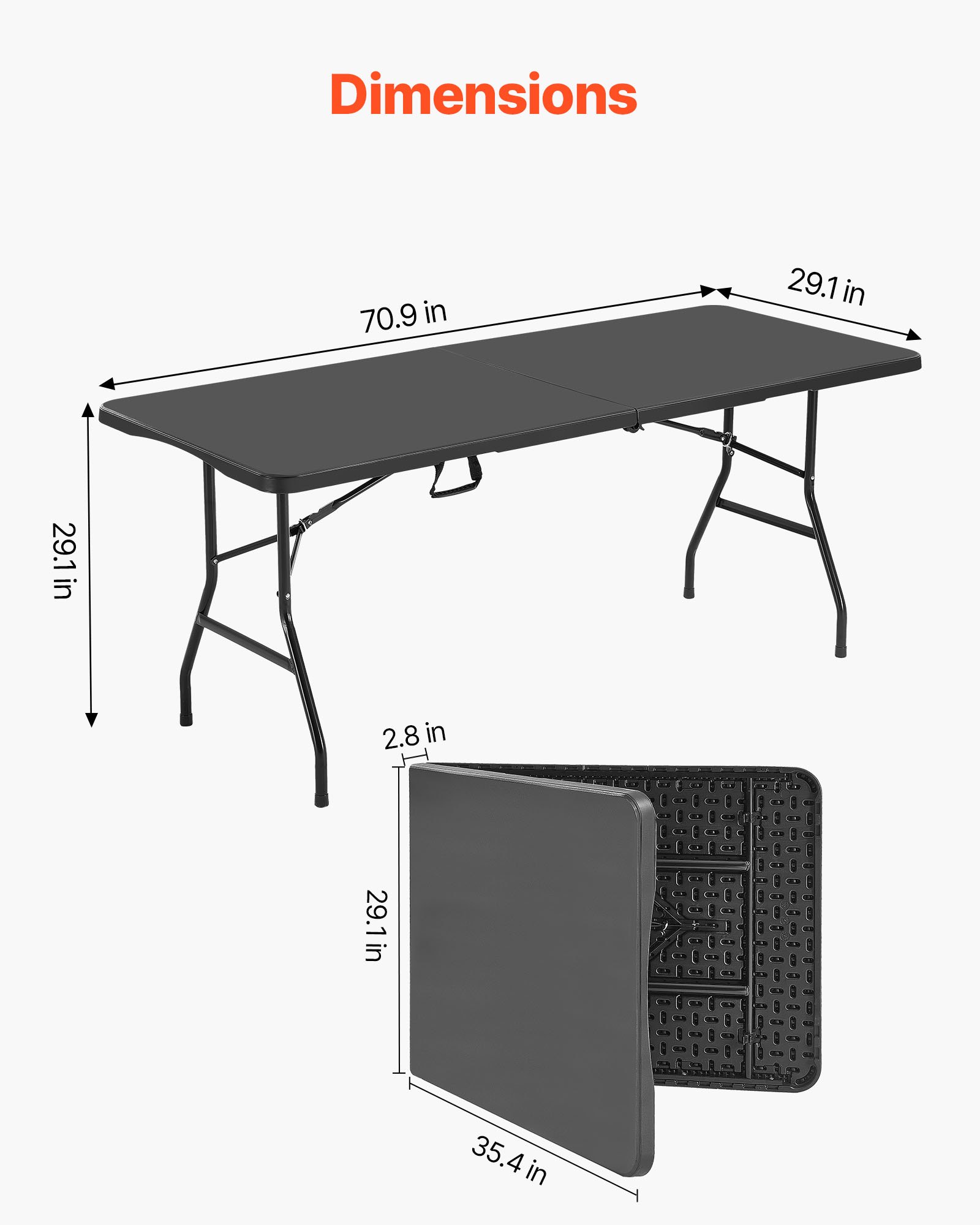 VEVOR Mesa Plegable de Buffet Portátil Multiusos de 180 cm, Mesa Rectangular de Plástico para 4-6 Personas con Asa Integrada, para Fiestas, Picnics y Camping, Color Negro, 1800 x 740 x 740 mm