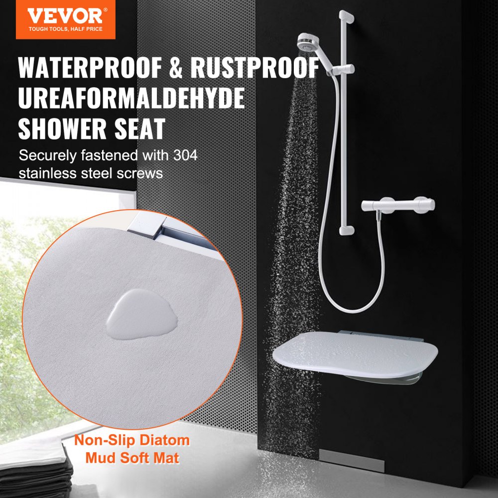 VEVOR Asiento de ducha plegable de urea-formaldehído, 13.6'' x 12.8'' desplegado, banco de ducha plegable montado en la pared con capacidad de carga de 450 libras, silla de ducha plegable que ahorra espacio para personas mayores, niños y adultos