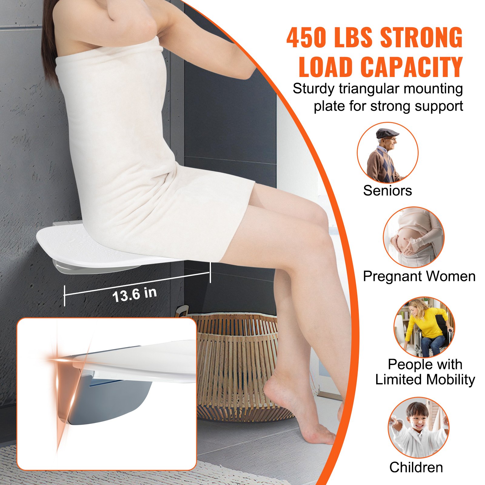 VEVOR Asiento de ducha plegable de urea-formaldehído, 13.6'' x 12.8'' desplegado, banco de ducha plegable montado en la pared con capacidad de carga de 450 libras, silla de ducha plegable que ahorra espacio para personas mayores, niños y adultos
