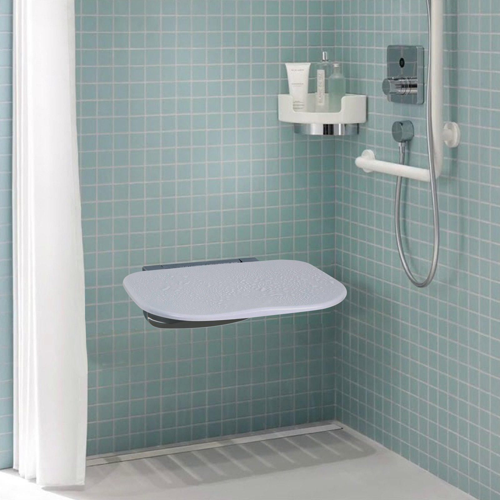 VEVOR Asiento de ducha plegable de urea-formaldehído, 13.6'' x 12.8'' desplegado, banco de ducha plegable montado en la pared con capacidad de carga de 450 libras, silla de ducha plegable que ahorra espacio para personas mayores, niños y adultos