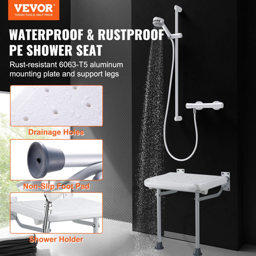 VEVOR Asiento de Ducha Plegable de PE, 400 x 375 x 425 mm, Banco de Ducha Plegable Montado en la Pared con Capacidad de Carga de 226,8 kg, para Personas Mayores, Mujeres Embarazadas, Niños y Adultos