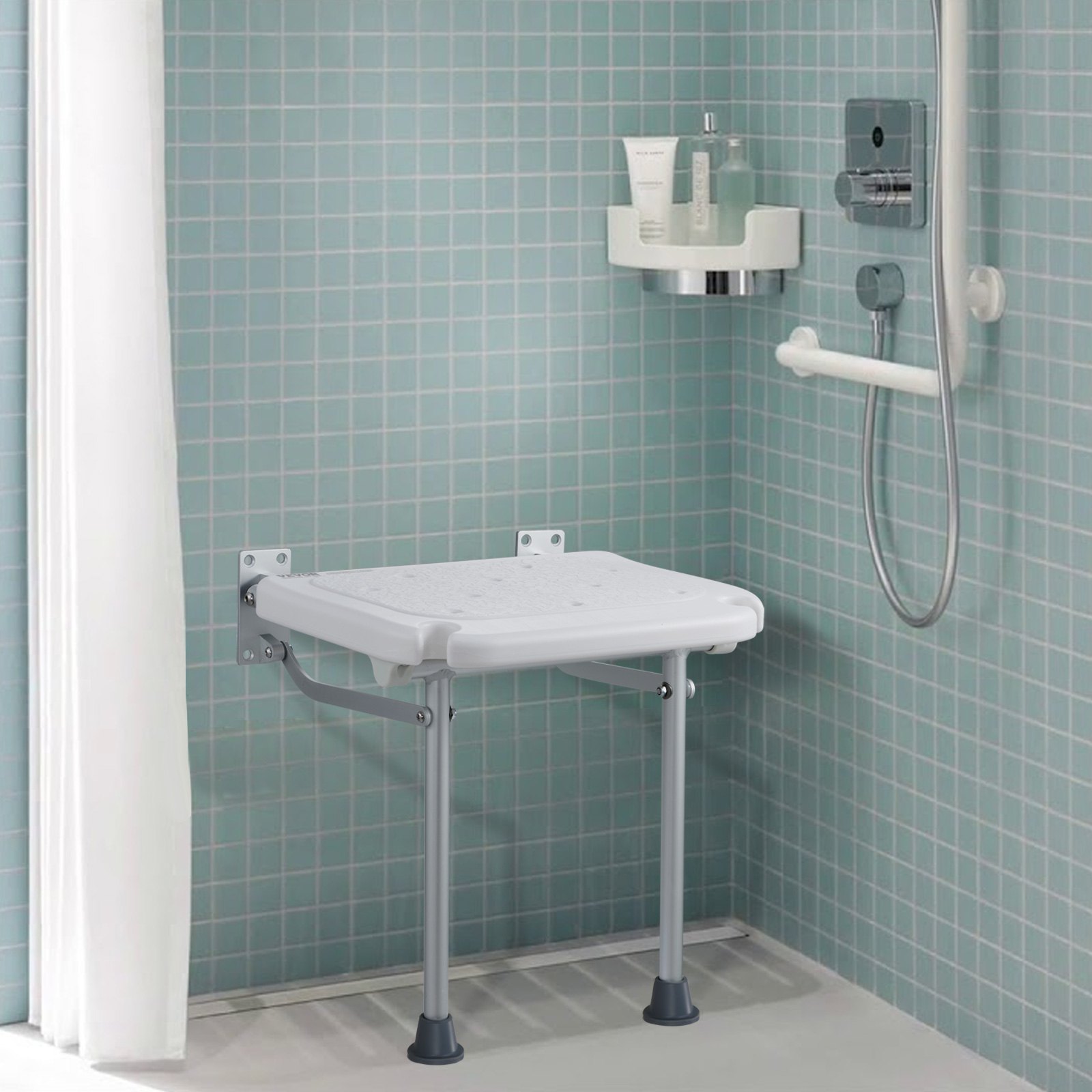 VEVOR Asiento de Ducha Plegable de PE, 400 x 375 x 425 mm, Banco de Ducha Plegable Montado en la Pared con Capacidad de Carga de 226,8 kg, para Personas Mayores, Mujeres Embarazadas, Niños y Adultos